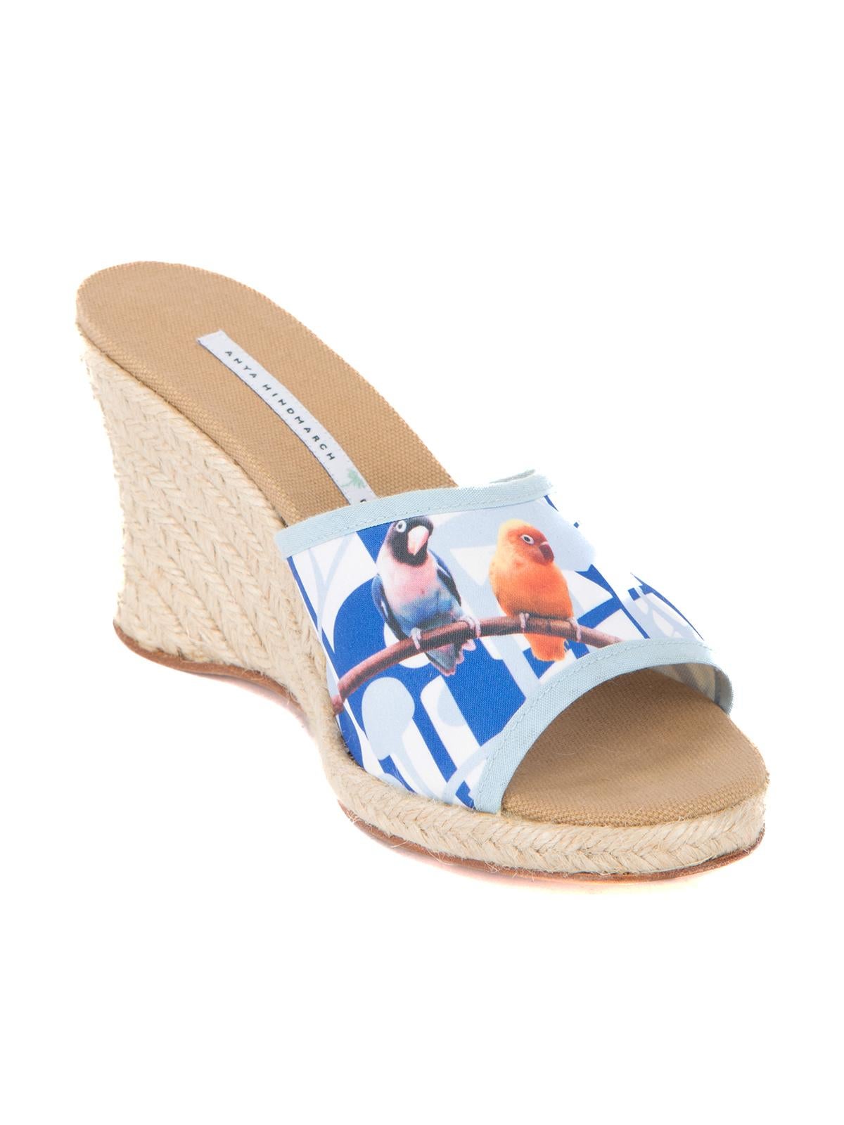 CONDITION is Very Good. Hardly any wear to sandal is evident on this used Anya Hindmarch designer resale item.   Details  Blue Cloth Wedge sandal Peep toe Printed pattern detail Slip on fastening Brand name on inner and outer soles    Made in Spain