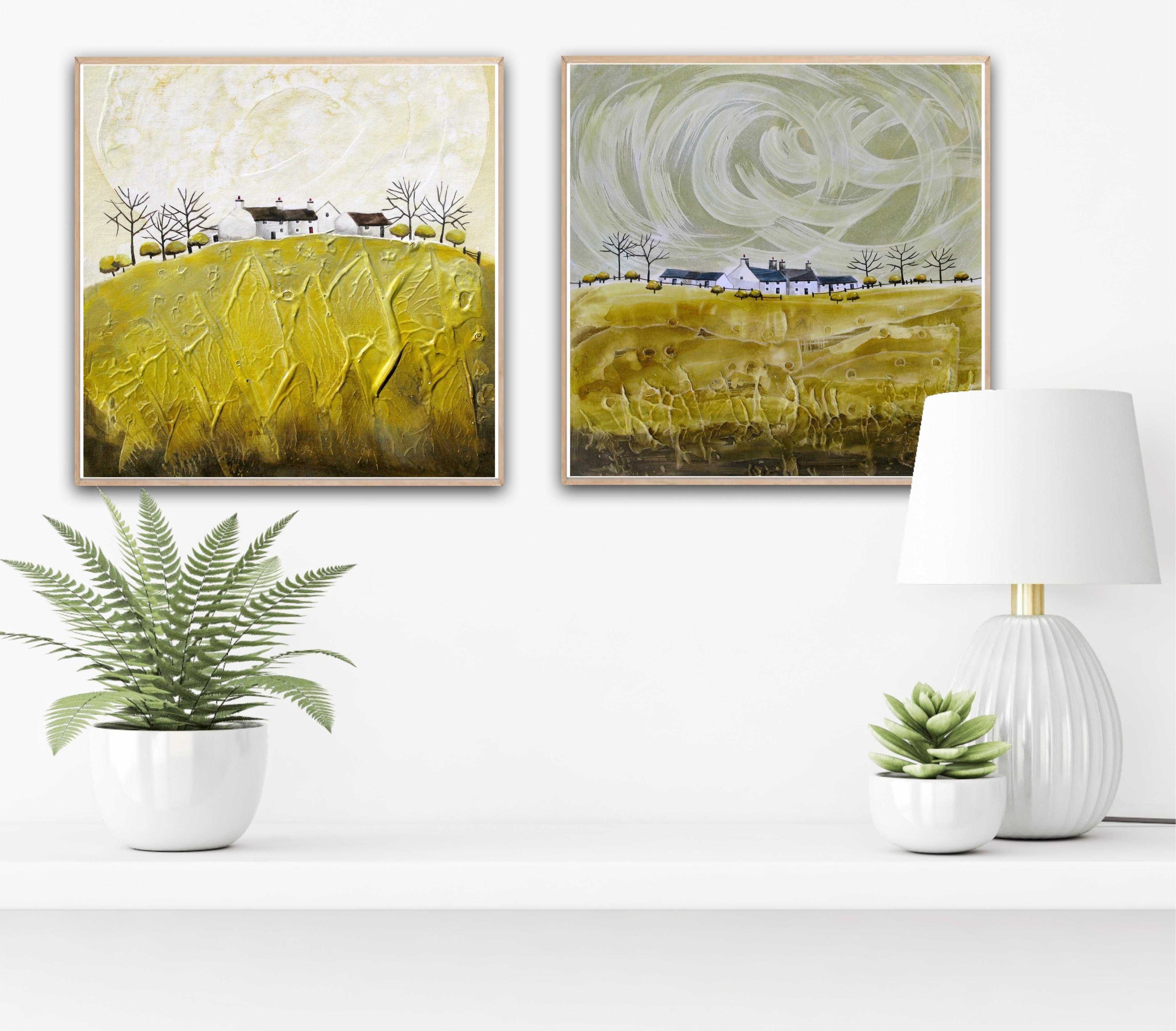 Farm and Crater Valley Farm and Crater Cottages 3 diptyque - Beige Landscape Painting par Anya Simmons