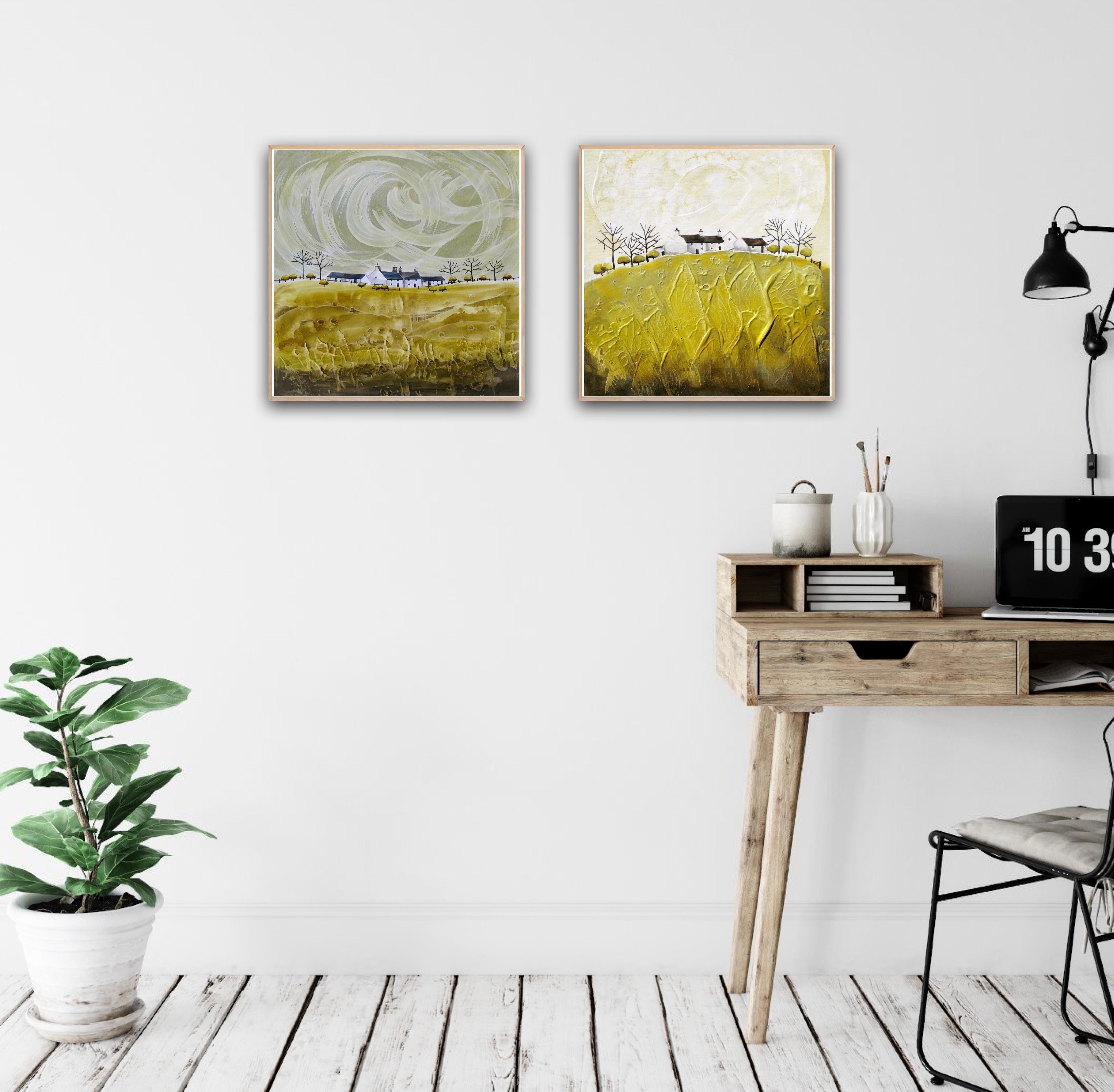 Crater Valley Farm and Crater Cottages 3 diptych
Overall size cm : H100 x W100

Crater Valley Farm is a limited edition print by Anya Simmons, inspired by her travels across the United Kingdom.
This Giclée limited edition print is created using