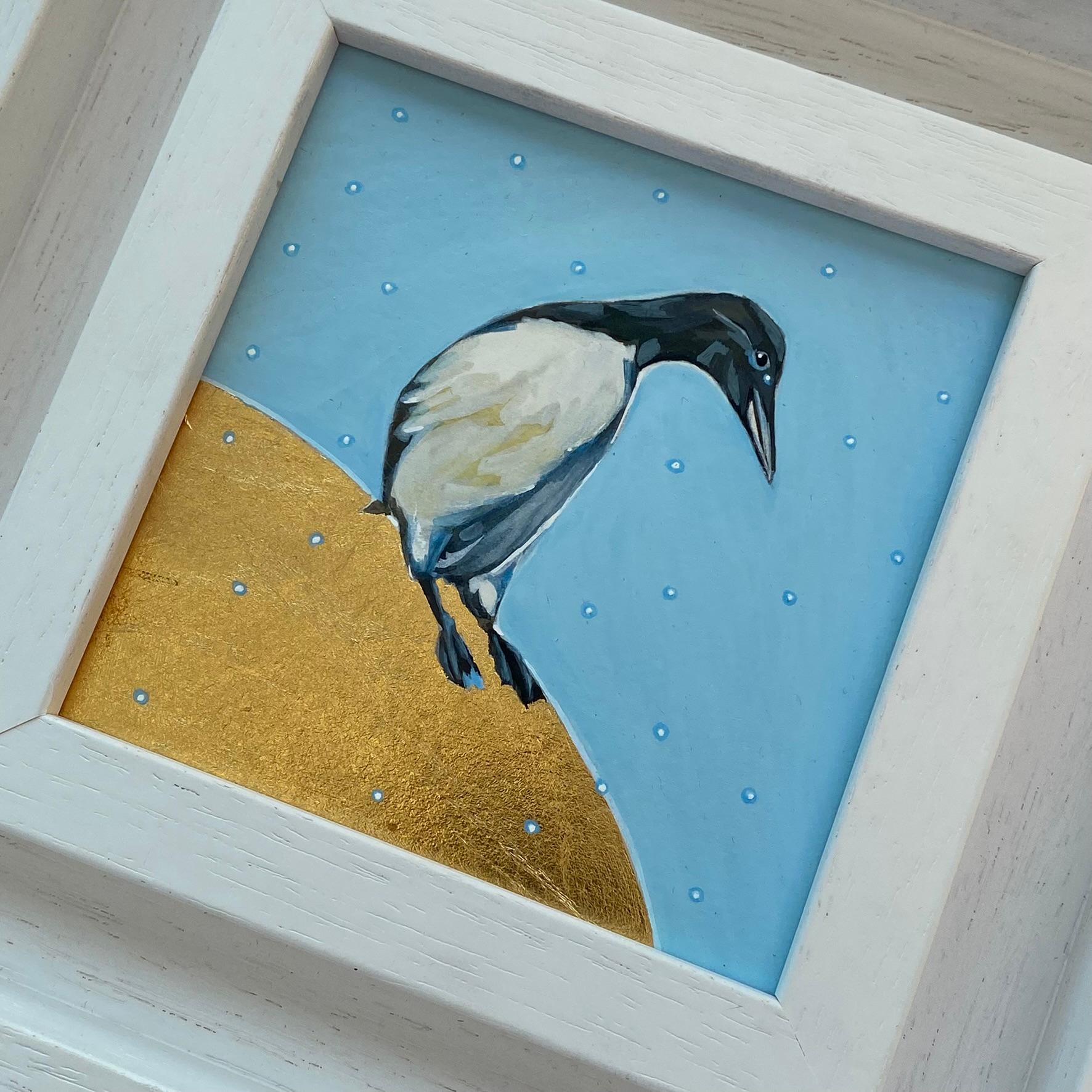 Guillemot de Troïl, au-dessus de la lune, Oiseau, Nature, Animaux, Peinture originale - Bleu Animal Painting par Anya Simmons