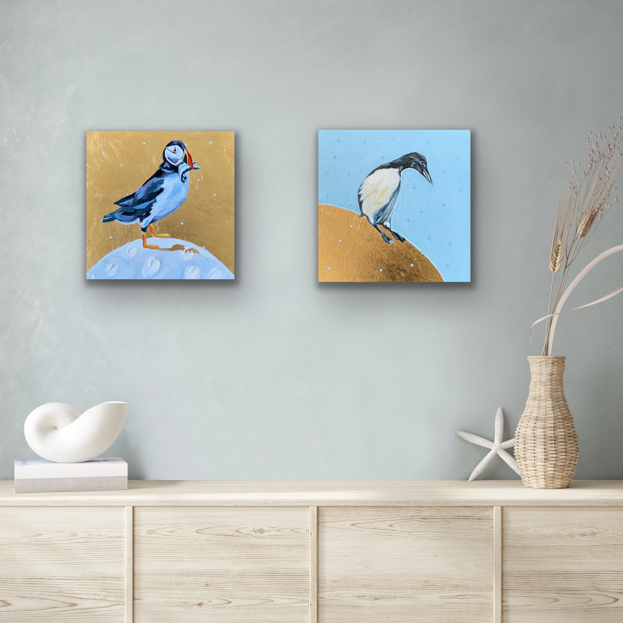 Animal Painting de Anya Simmons - Guillemot & Puffin Fluffin, Sobre la Luna, Díptico, Pájaro, Naturaleza, Animales