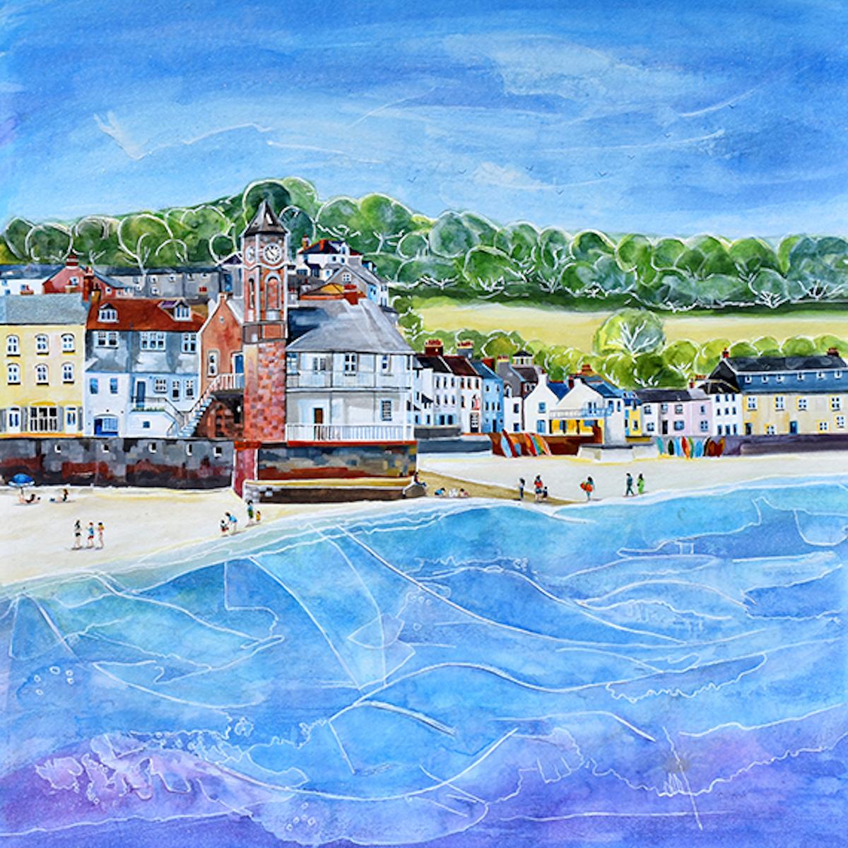 Anya Simmons Landscape Painting - Kingsand, Cornwall, Cornish Art, Bright Seascape Town Art, Figurative Painting