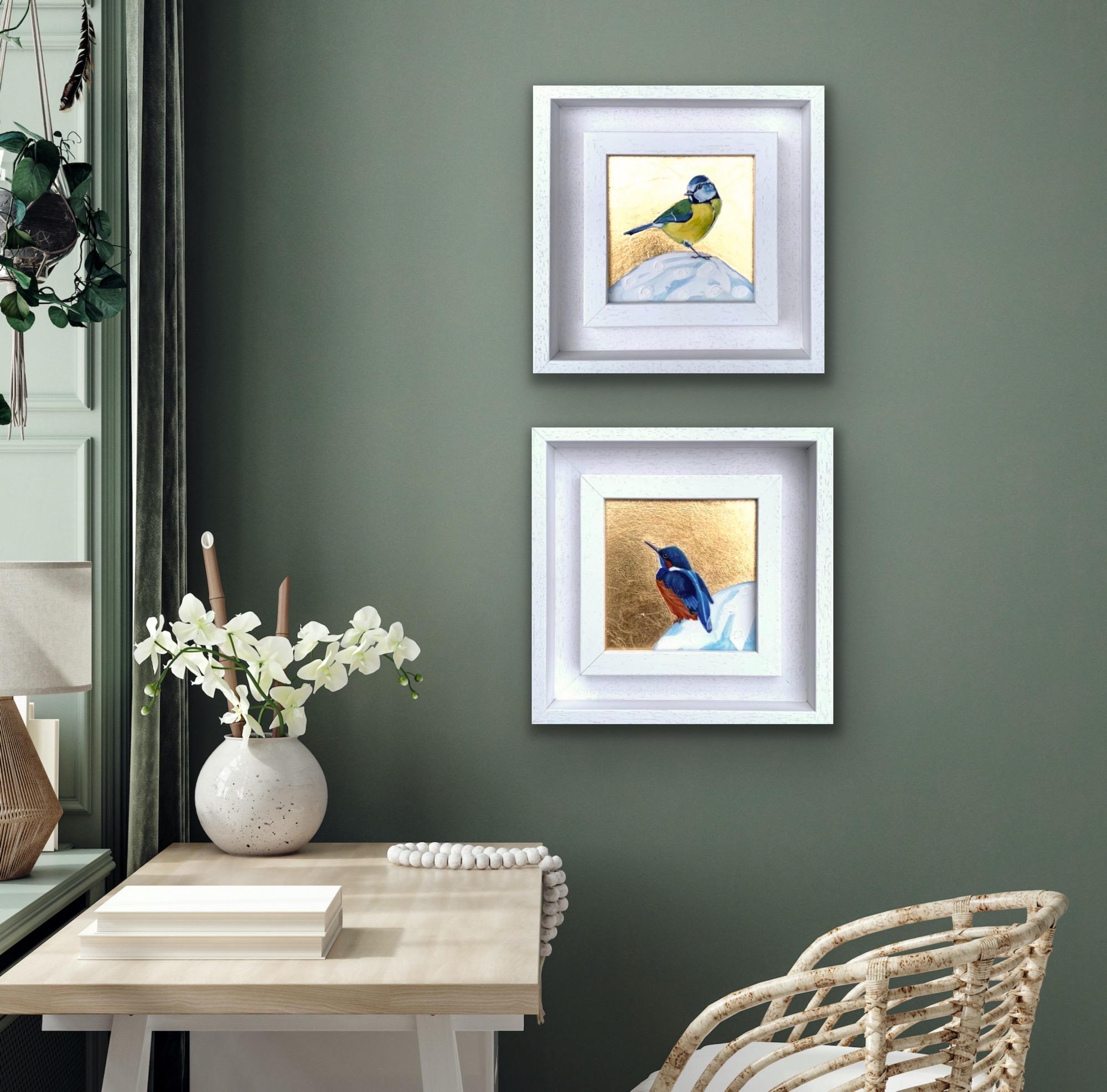 Herrerillo común 4 y Martín pescador pequeño, Díptico sobre la luna, Aves en venta 1