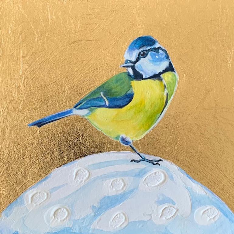 Little Blue Tit 4, Over The Moon, Oiseaux, Art animal, Nature, feuille d'or, métallique