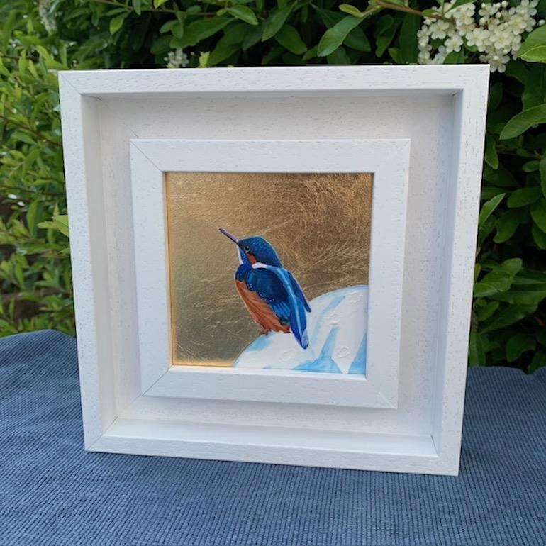 Piccolo Kingfisher, Sopra la luna, Uccelli, Arte animale, Nature, Foglia d'oro, Metallico in vendita 6