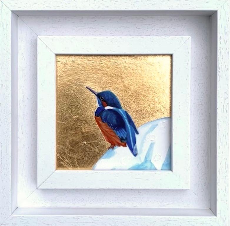 Piccolo Kingfisher, Sopra la luna, Uccelli, Arte animale, Nature, Foglia d'oro, Metallico in vendita 4