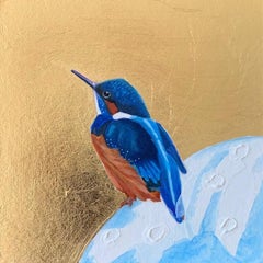 Little Kingfisher, Over The Moon, Oiseaux, Art animalier, Nature, feuille d'or, métallique