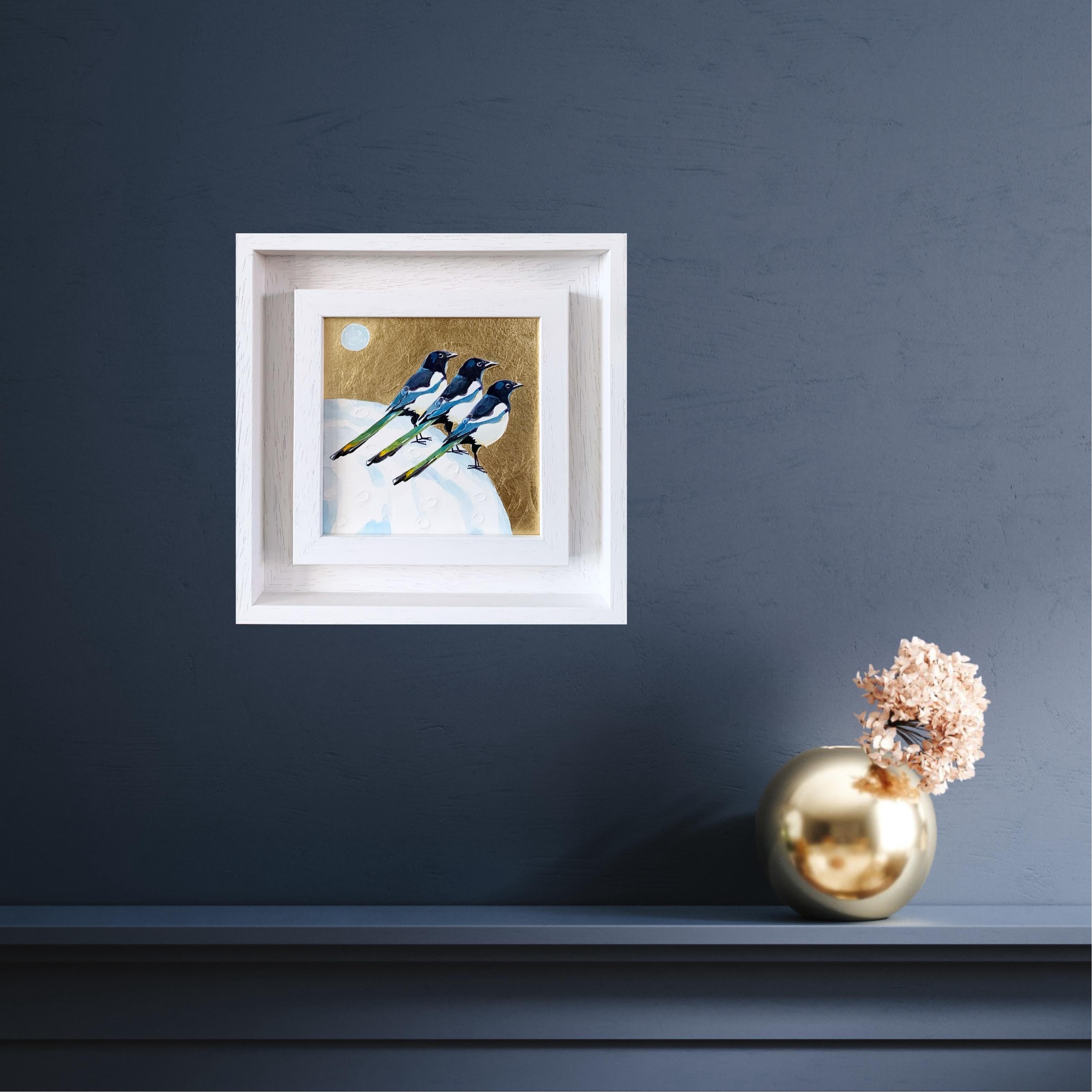 Elstern Liebe 3, Über dem Mond, Vogel, Natur, Tiere, Originalgemälde (Zeitgenössisch), Painting, von Anya Simmons