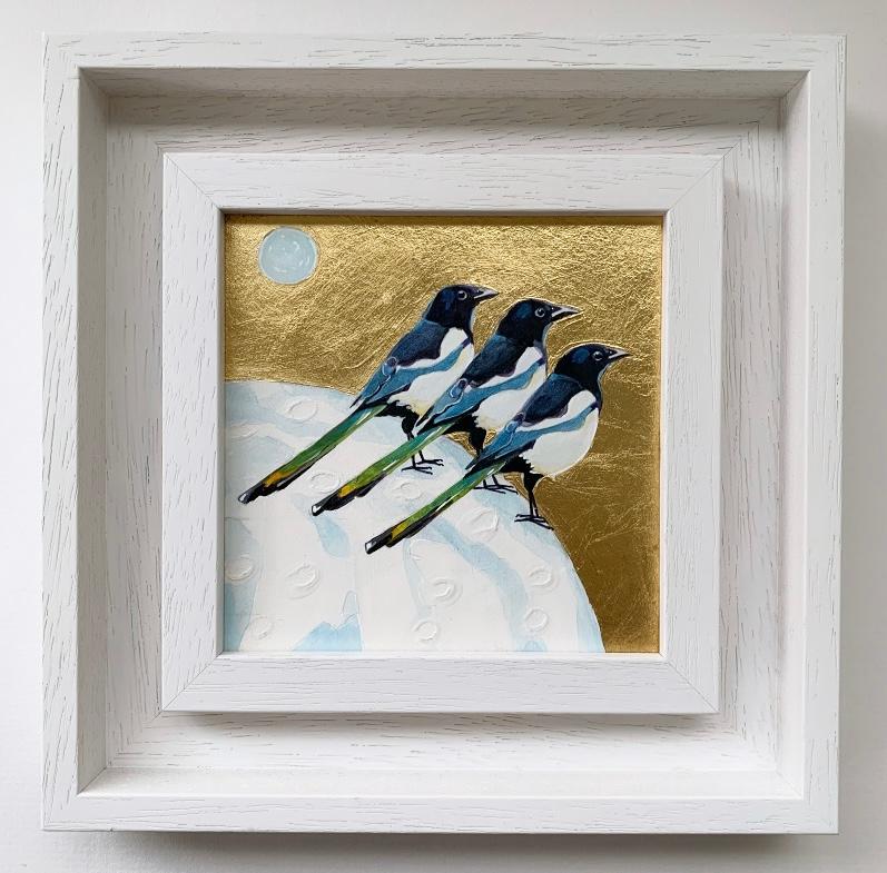 Elstern Liebe 3, Über dem Mond, Vogel, Natur, Tiere, Originalgemälde im Angebot 1