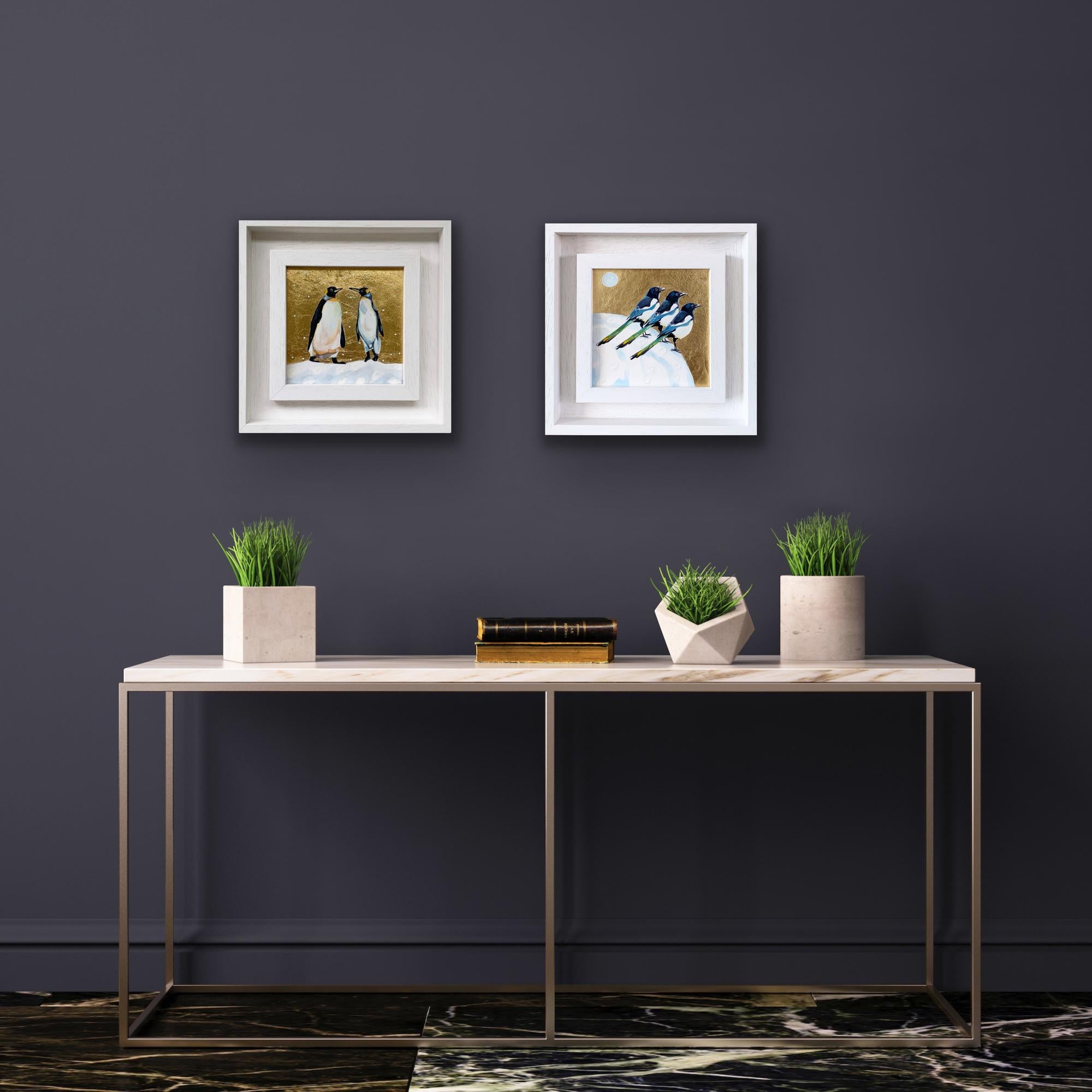 Magpies Love 3 & Penguin Love, diptych, Bird, Nature, Animals, Original painting
