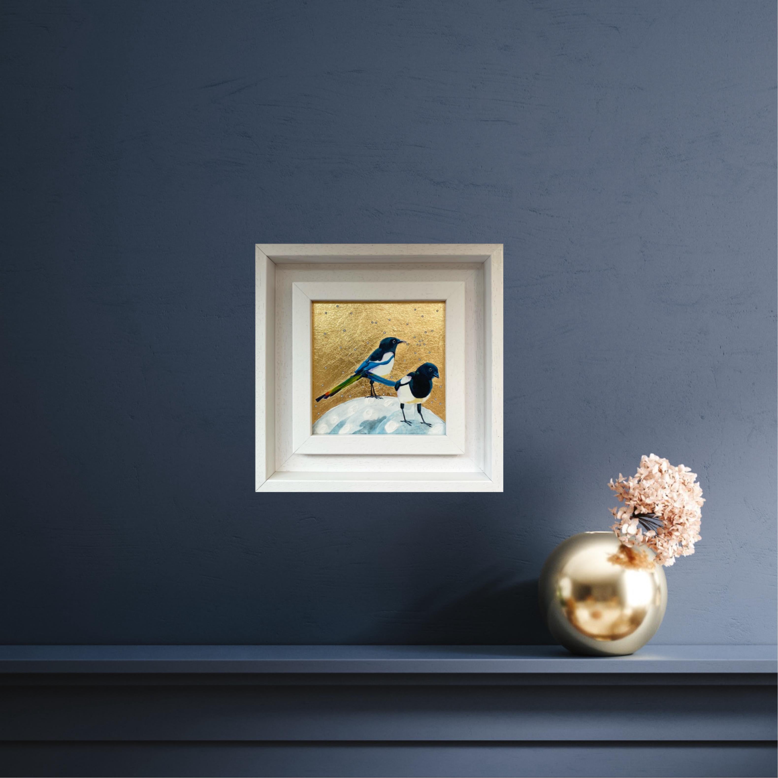 Magpies Love, Over the Moon, Bird, Nature, Animals, Original painting - Painting by Anya Simmons