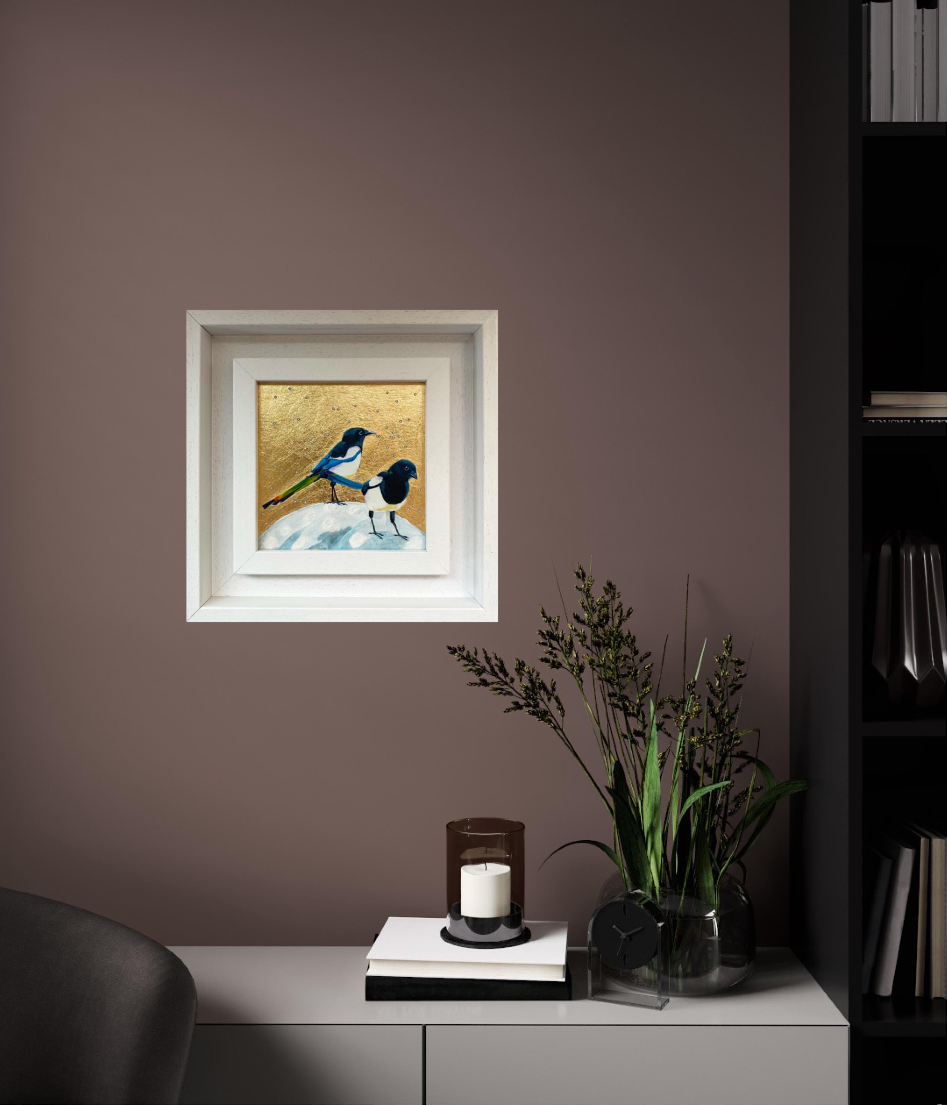 Magpies Love, Over the Moon, Bird, Nature, Animals, Original painting - Contemporary Painting by Anya Simmons