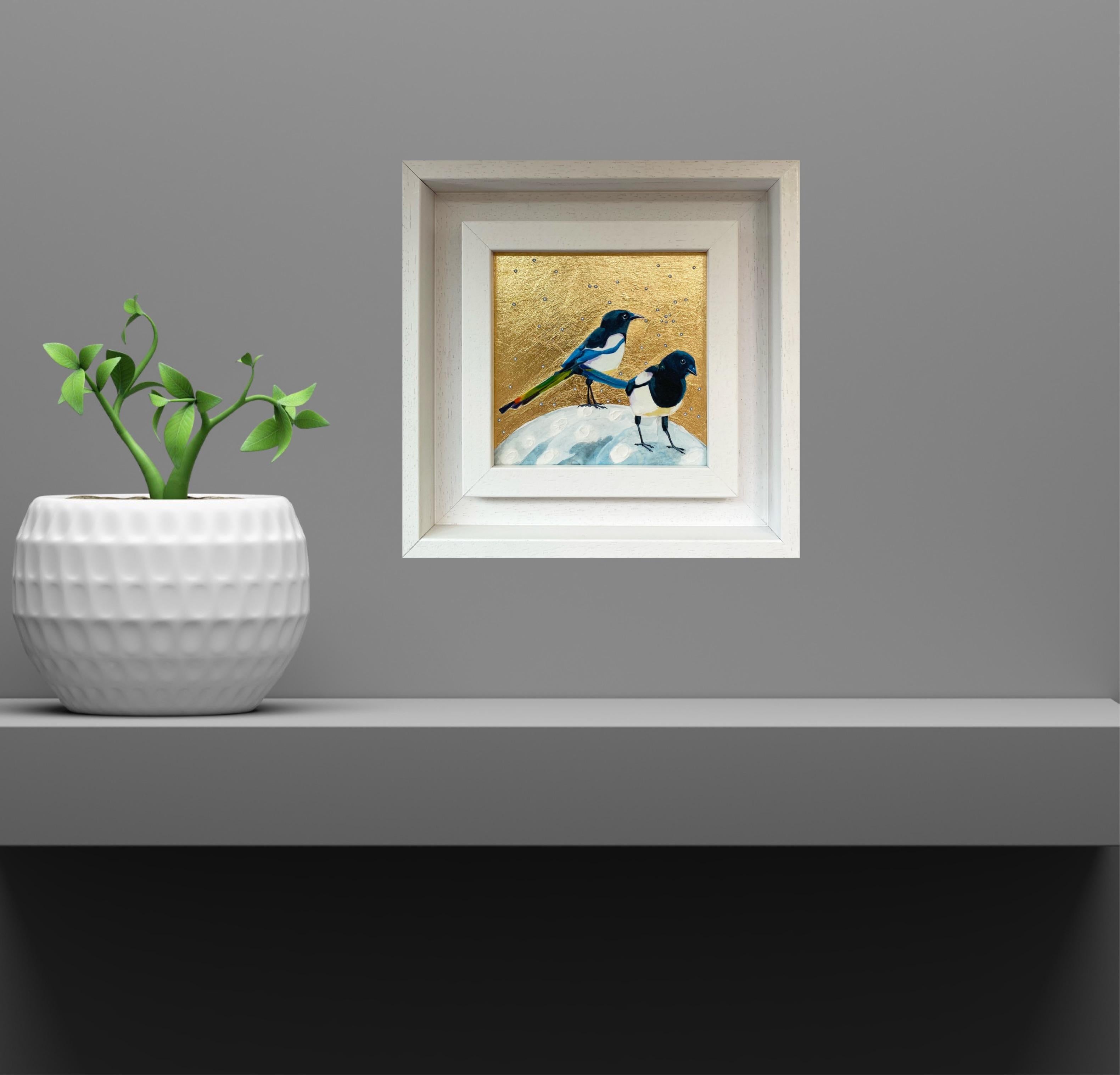 Magpies Love, Over the Moon, Bird, Nature, Animals, Original painting - Beige Animal Painting by Anya Simmons