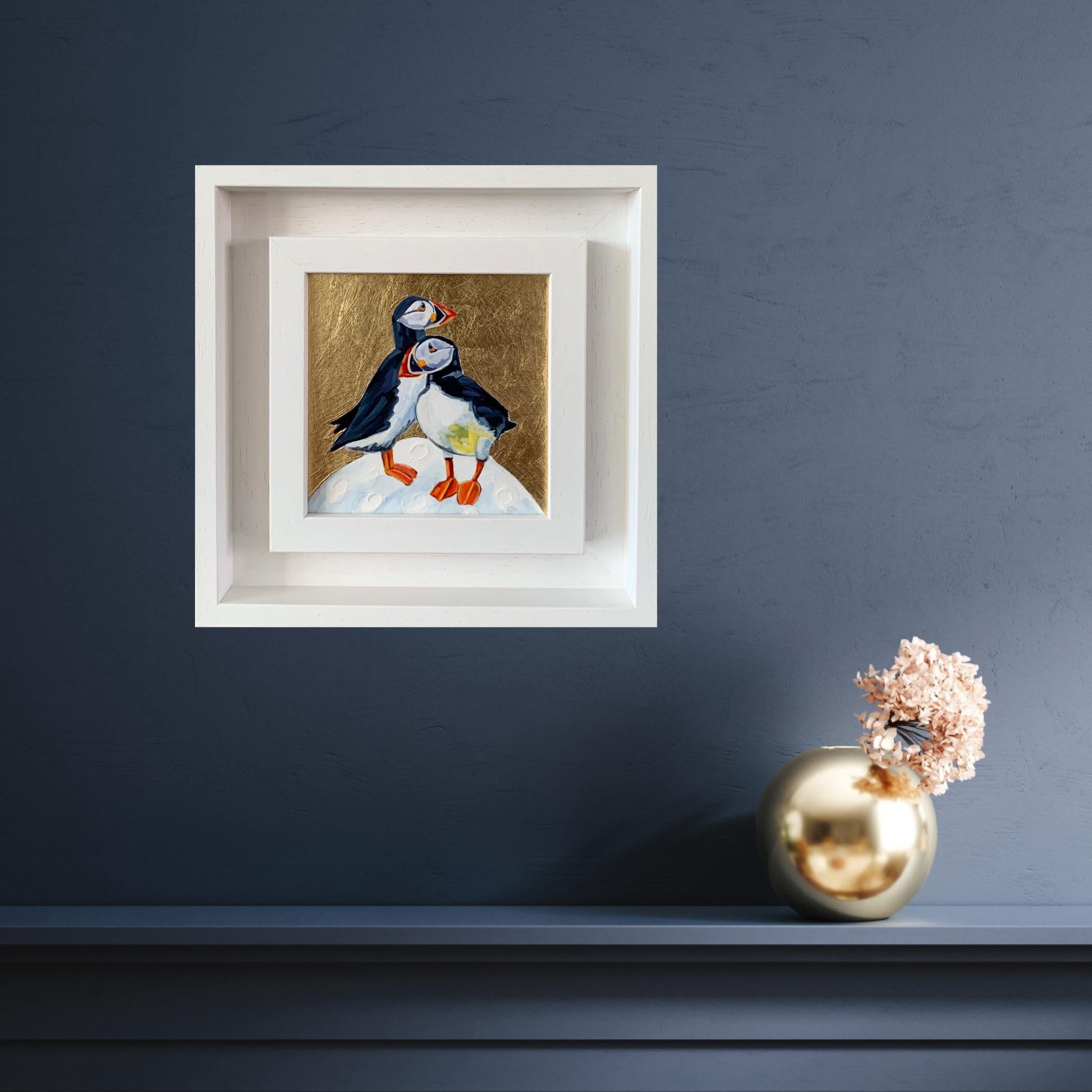 Puffin Duo, Over the Moon, Bird, Nature, Animals, Original painting - Painting by Anya Simmons