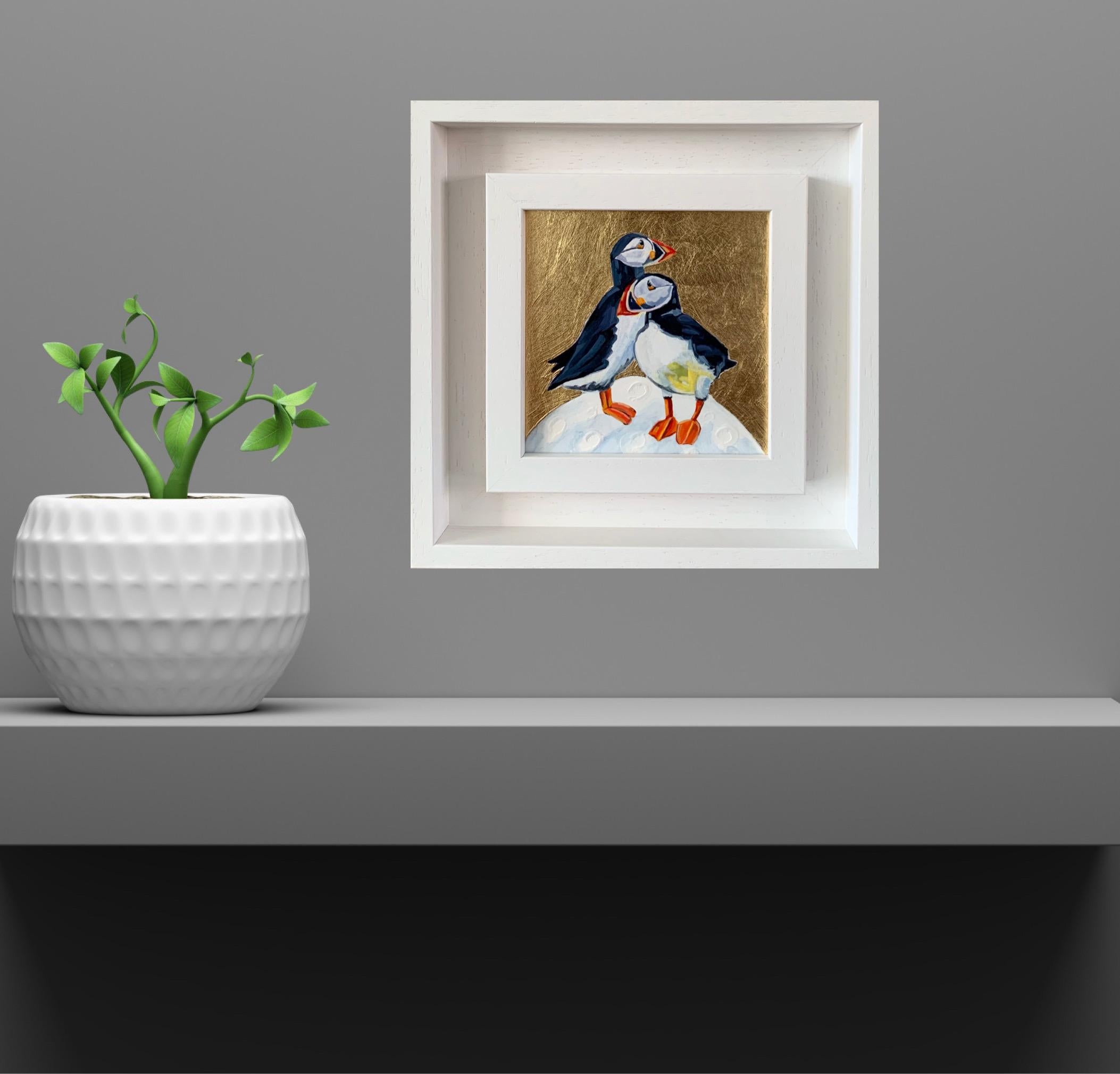 Puffin Duo, Over the Moon, Bird, Nature, Animals, Original painting - Contemporary Painting by Anya Simmons
