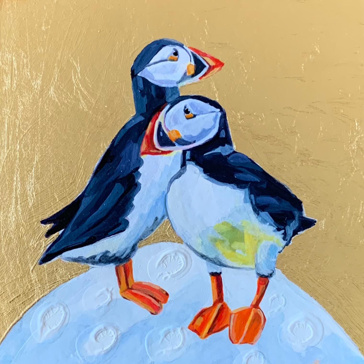 Puffin Duo, Over the Moon, Bird, Nature, Animals, Original painting - Beige Animal Painting by Anya Simmons