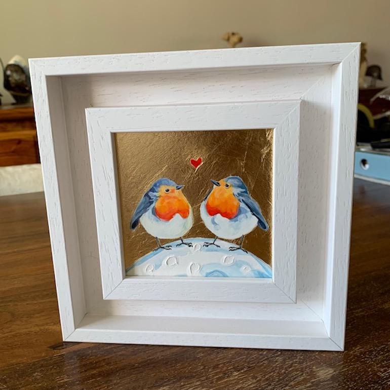 Robin Love 4, Over The Moon, Birds, Animal art, Nature, feuille d'or, art métallique en vente 1