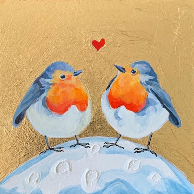 Animal Painting Anya Simmons - Robin Love 4, Over The Moon, Birds, Animal art, Nature, feuille d'or, art métallique