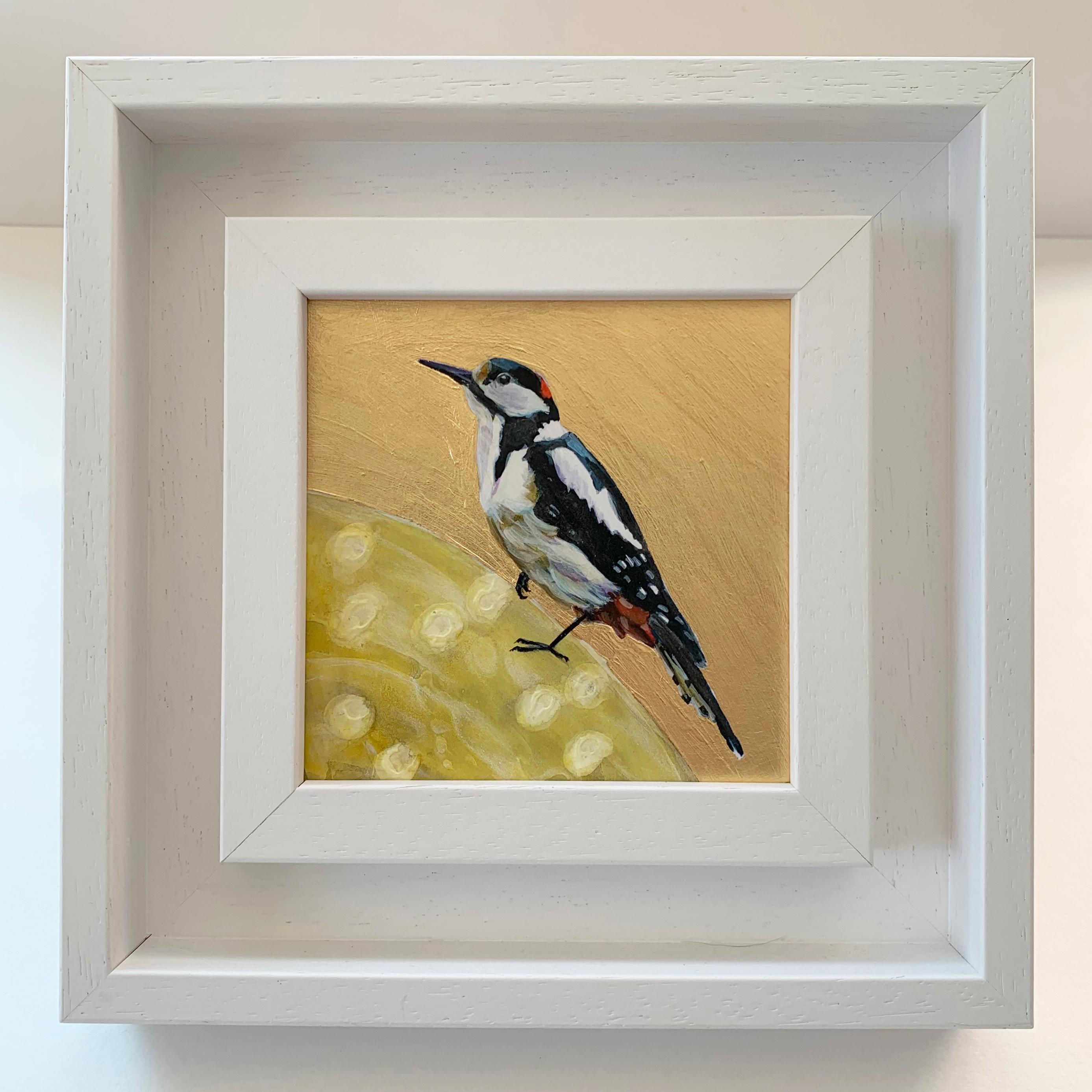 Woodpecker-Woody Love, Over the Moon, Bird, Nature, Animals, Original painting - Contemporary Mixed Media Art by Anya Simmons