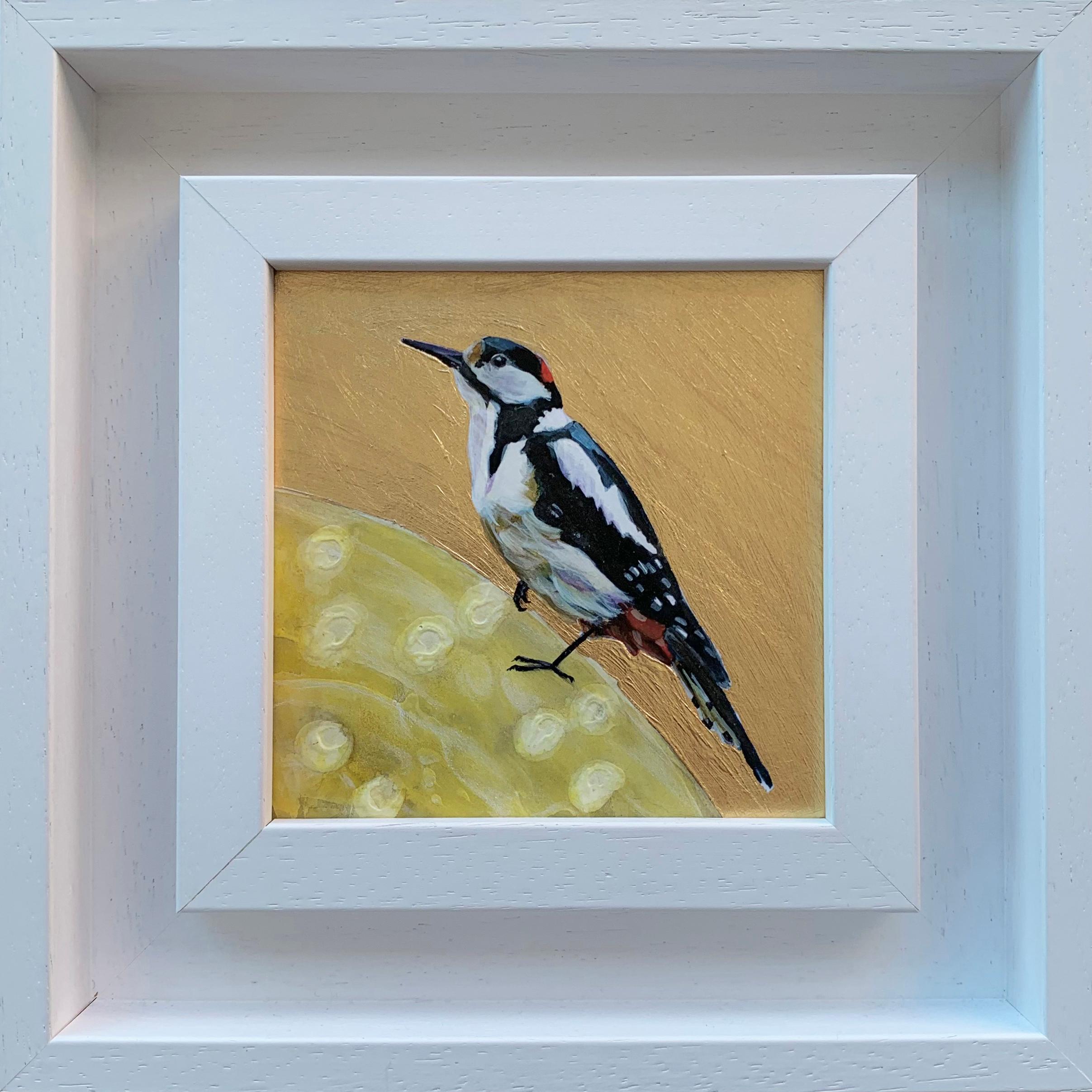 Woodpecker-Woody Love, Over the Moon, Bird, Nature, Animals, Original painting - Mixed Media Art by Anya Simmons
