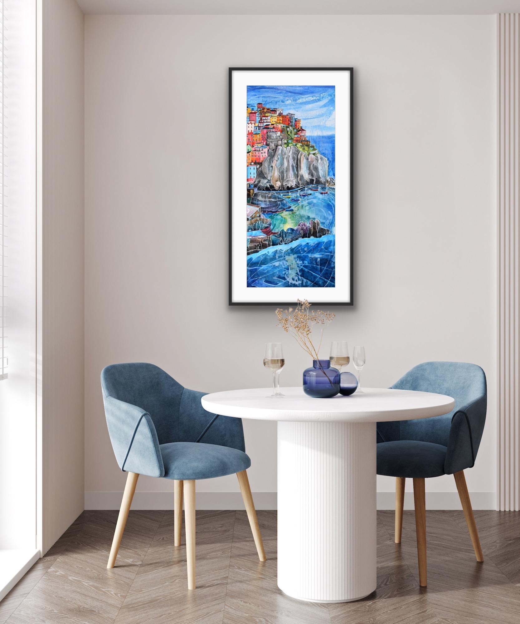 Manarola, Italy, Italian Coastal Art, Seascape Painting, Manarola Art - Print by Anya Simmons
