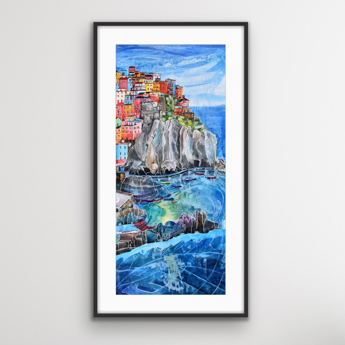 Manarola, Italy, Italian Coastal Art, Seascape Painting, Manarola Art - Contemporary Print by Anya Simmons
