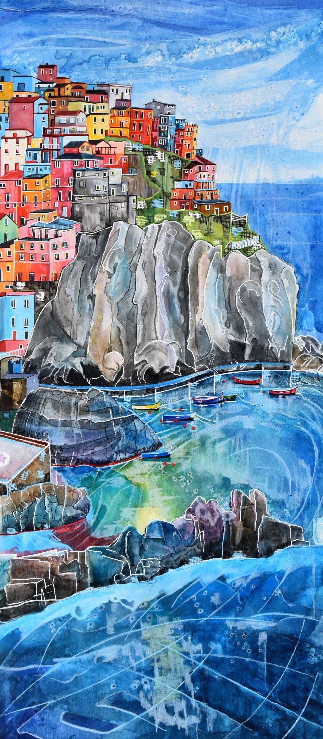 Manarola, Italie, Art côtier italien, Peinture de paysage marin, Art Manarola