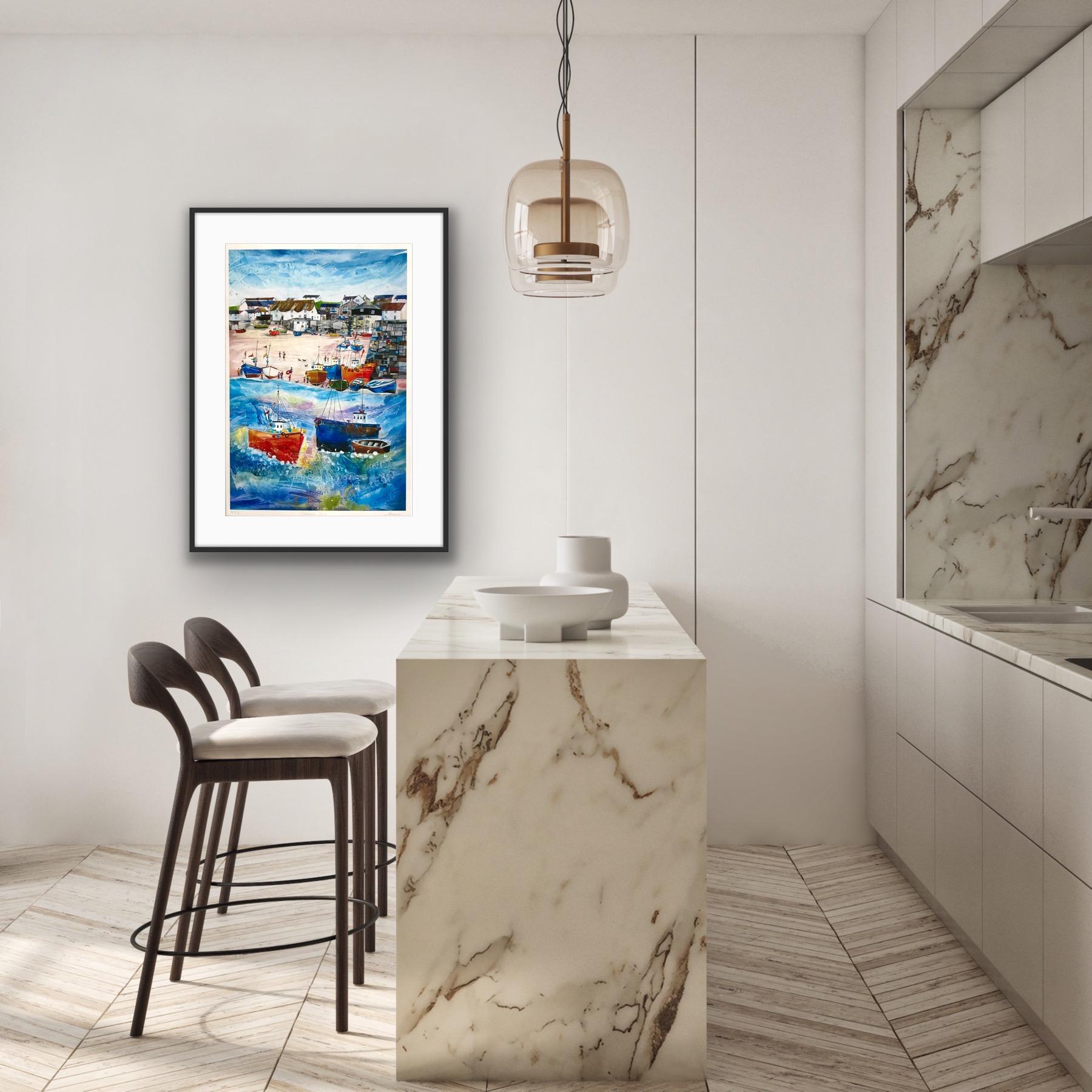 Sennen Cove, Cornwall, Mounted Giclée print, Seaside, Coastal, Beach, Boats, Sun For Sale 6