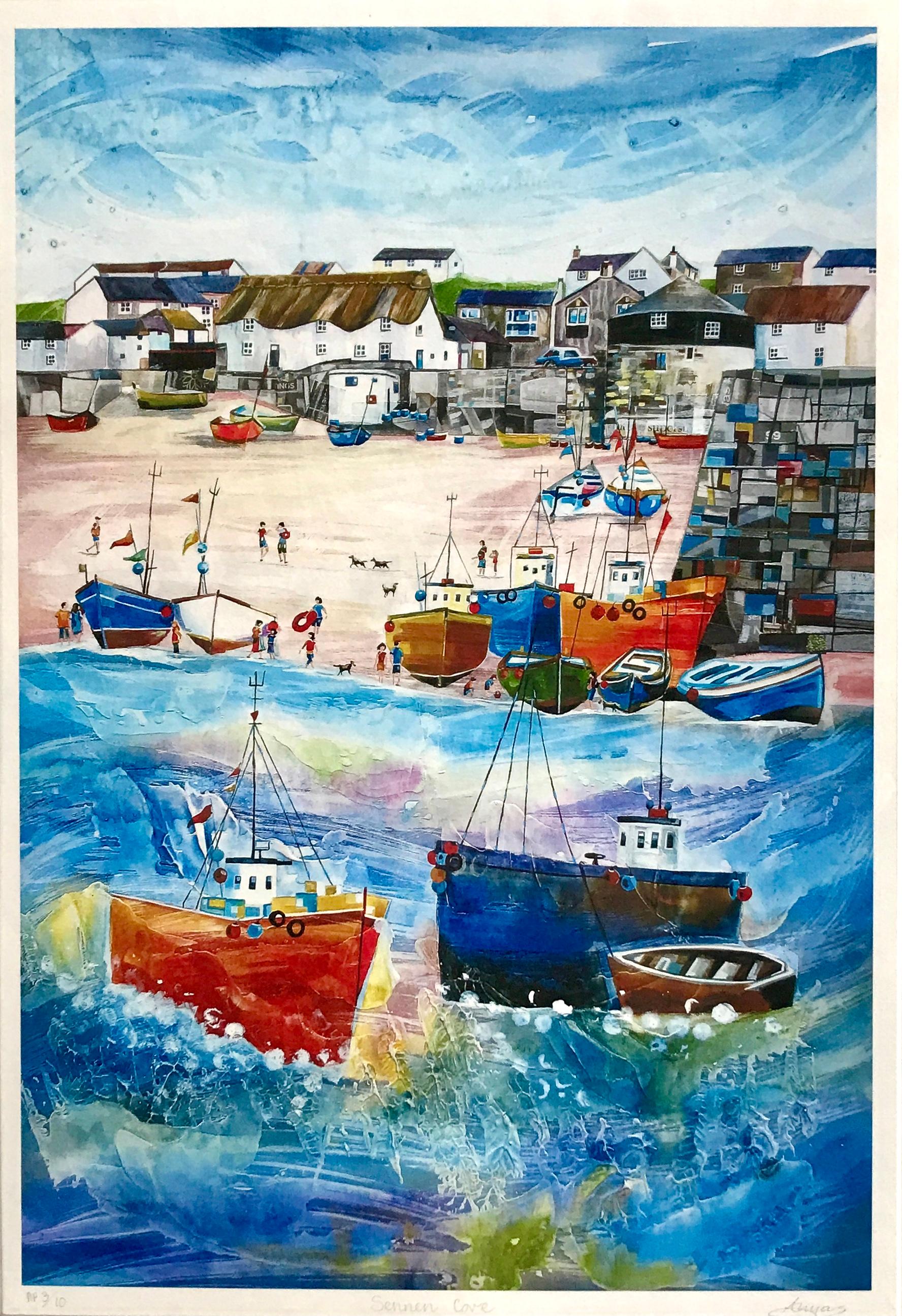 Sennen Cove, Cornwall, Mounted Giclée print, Seaside, Coastal, Beach, Boats, Sun For Sale 7