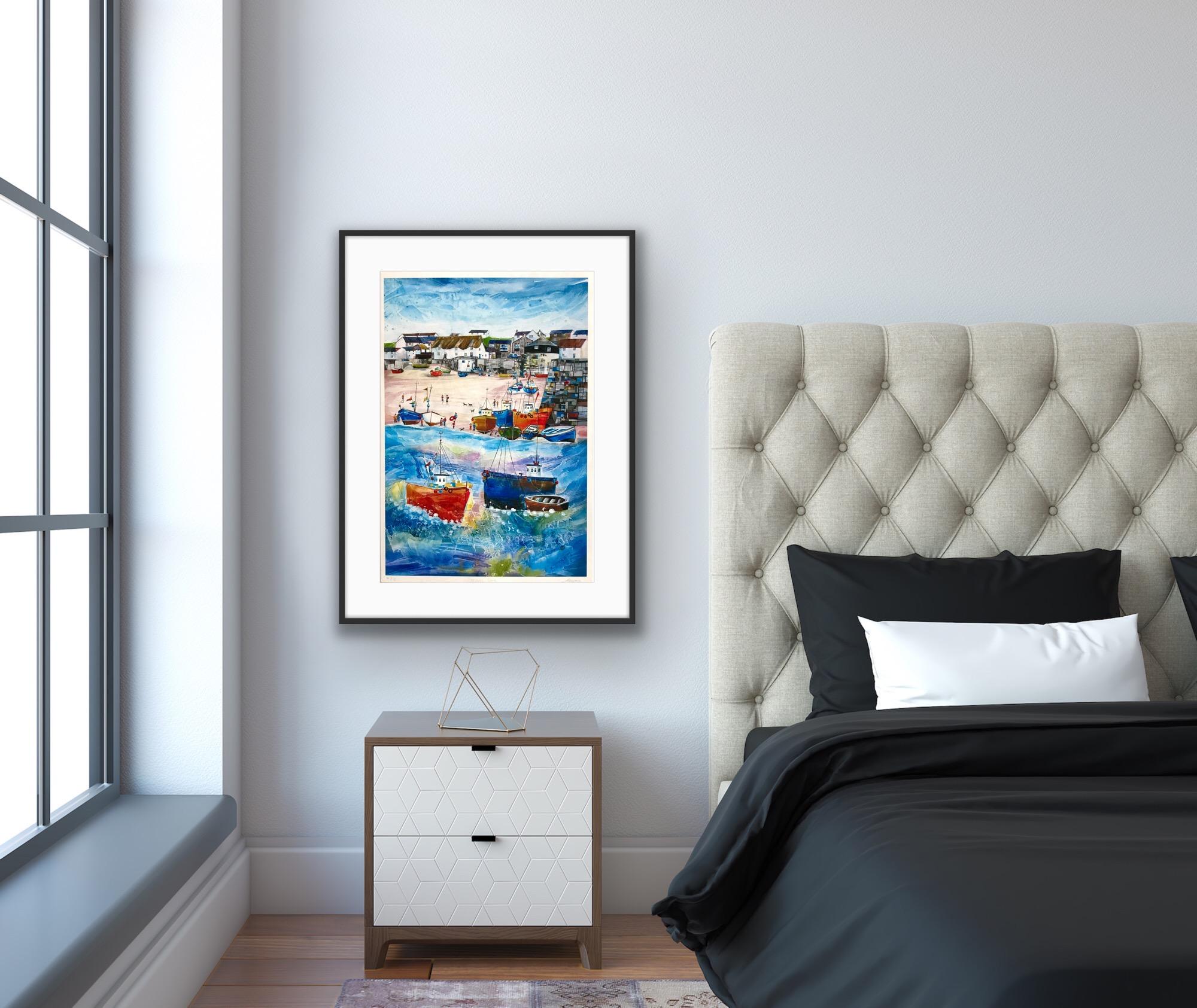 Sennen Cove, Cornwall, Mounted Giclée print, Seaside, Coastal, Beach, Boats, Sun For Sale 11