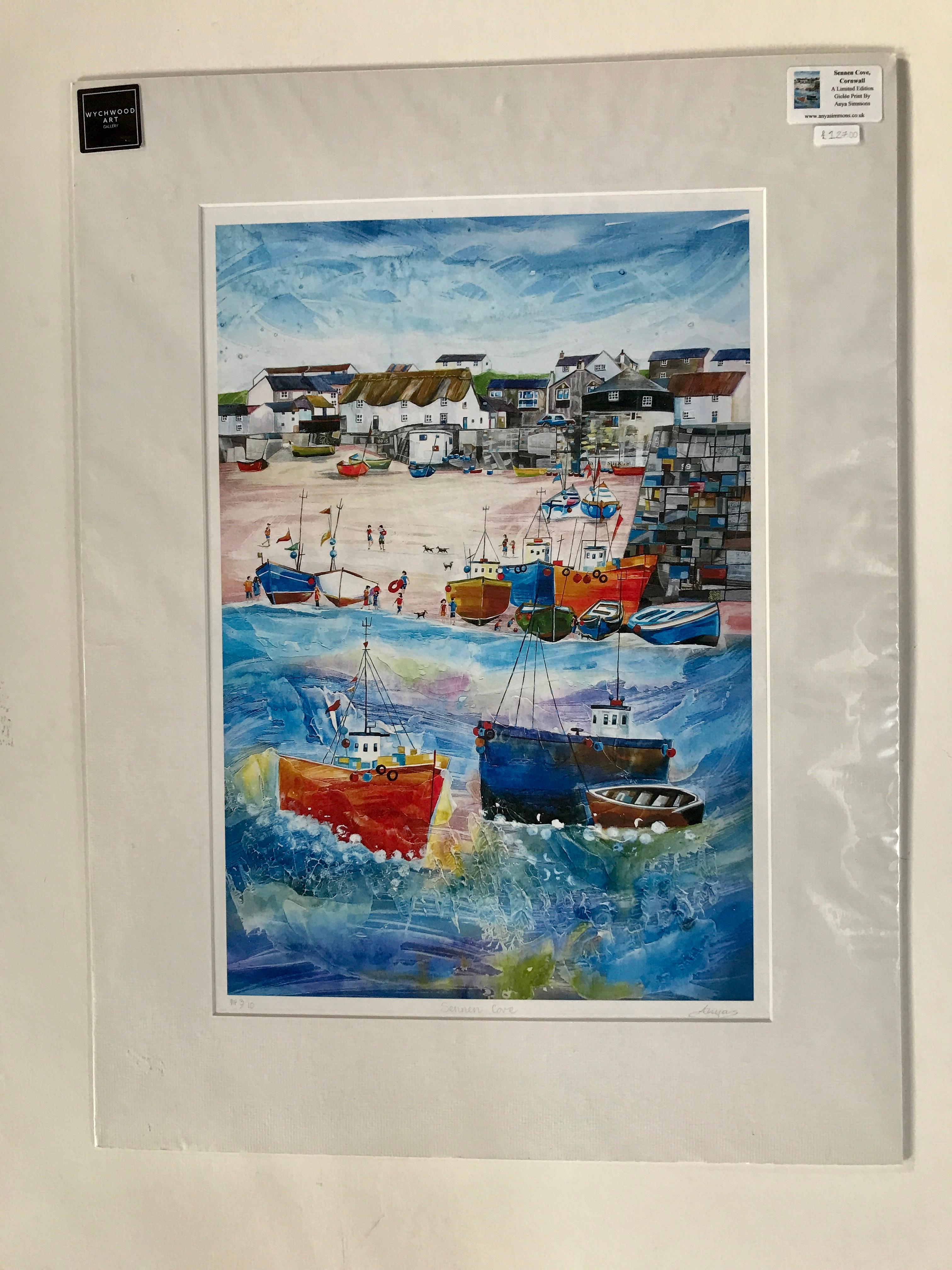 Sennen Cove, Cornwall, Mounted Giclée print, Seaside, Coastal, Beach, Boats, Sun For Sale 2