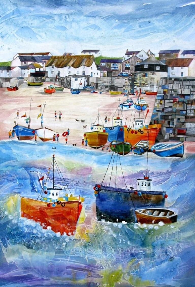 Anya Simmons Still-Life Print – Sennen Cove, Cornwall, montierter Giclée-Druck, Küste, Strand, Boote, Sonne