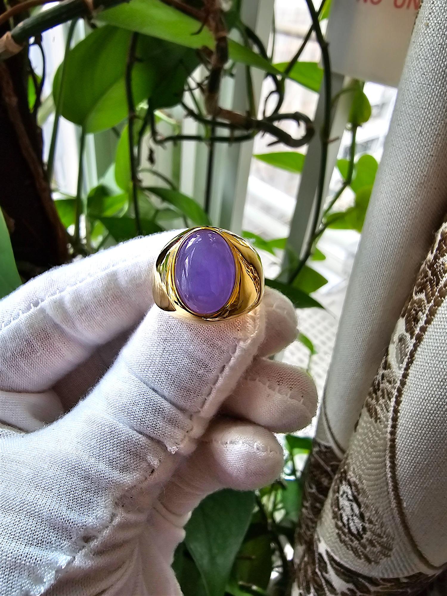 Anyang Royal Purple Cabochon (B/C) Jade Ring (with 14K Solid Yellow Gold) For Sale 5