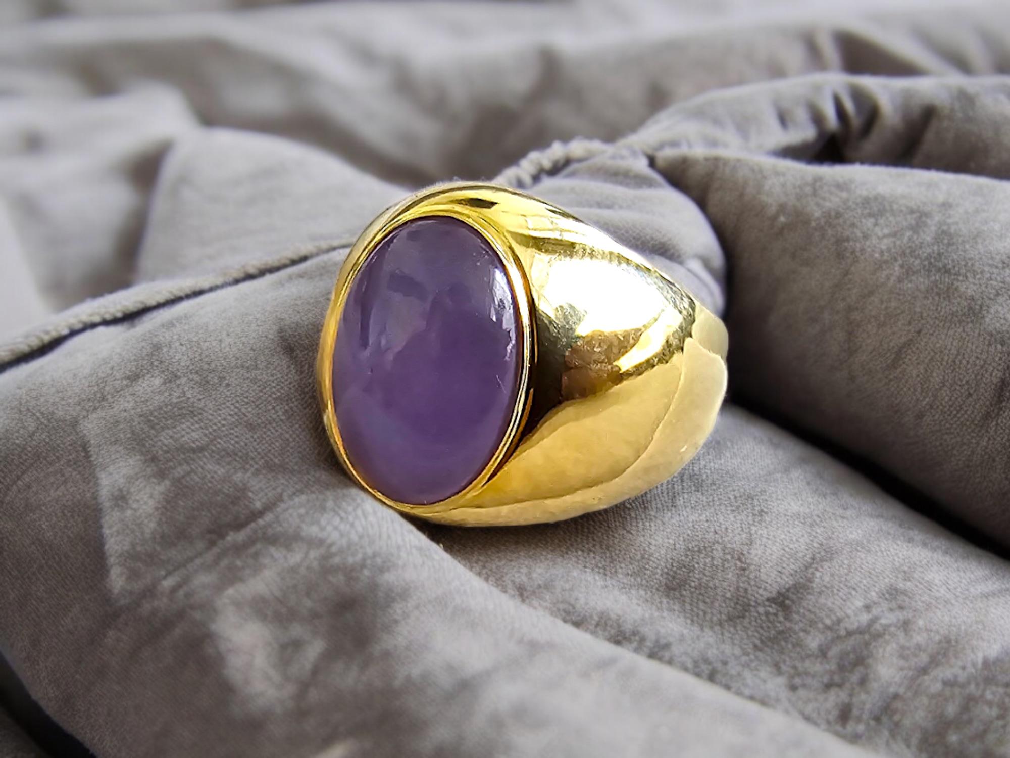 Anyang Royal Purple Cabochon (B/C) Jade Ring (with 14K Solid Yellow Gold) In New Condition For Sale In Kowloon, HK