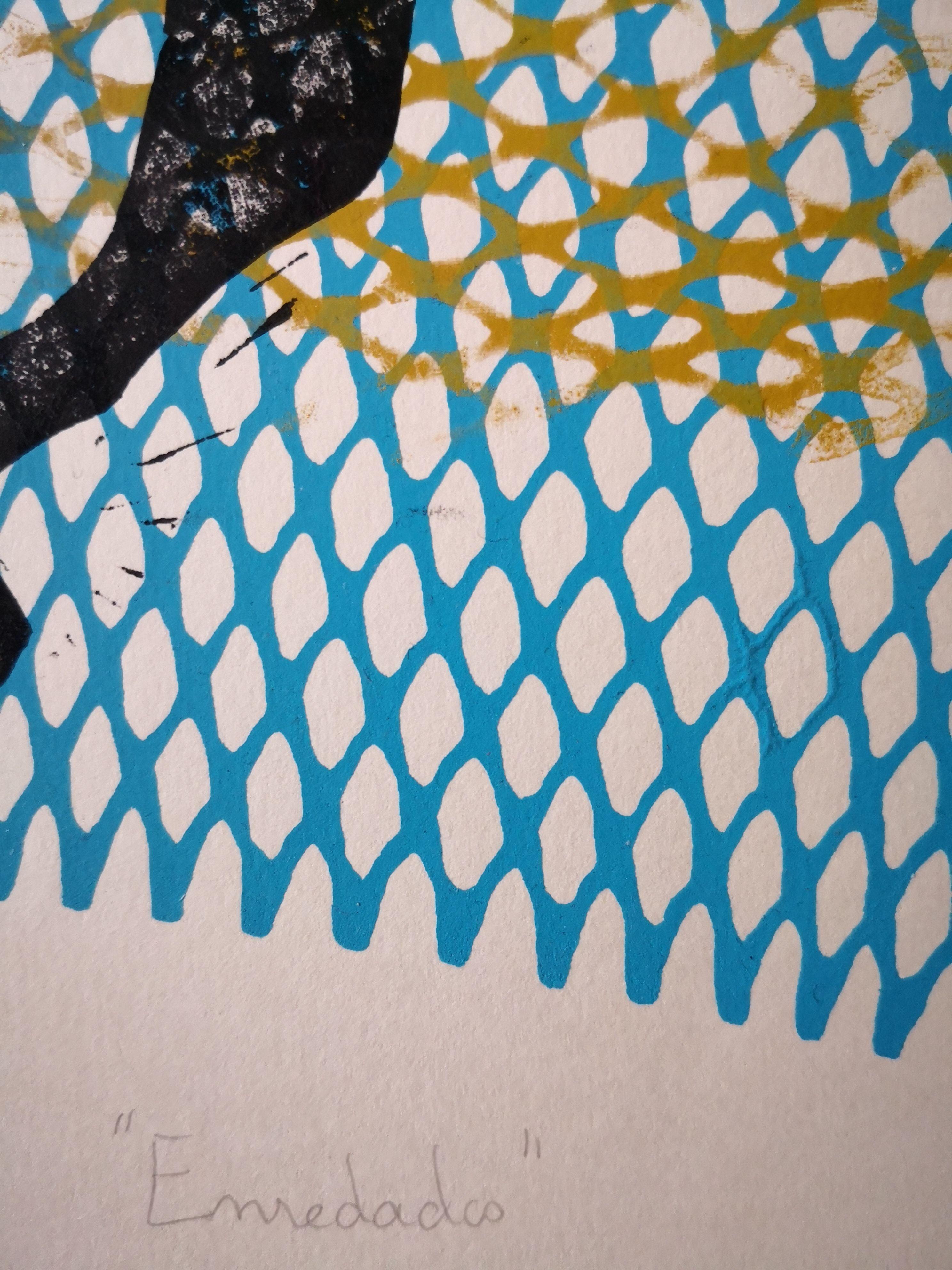 Une œuvre mixte utilisant la sérigraphie et la linogravure. Le dos réalisé en sérigraphie représente un filet tandis que les figures sont réalisées en linogravure. Une scène intime entre deux amants. Il s'agit d'un tirage AP (artist proof), donc