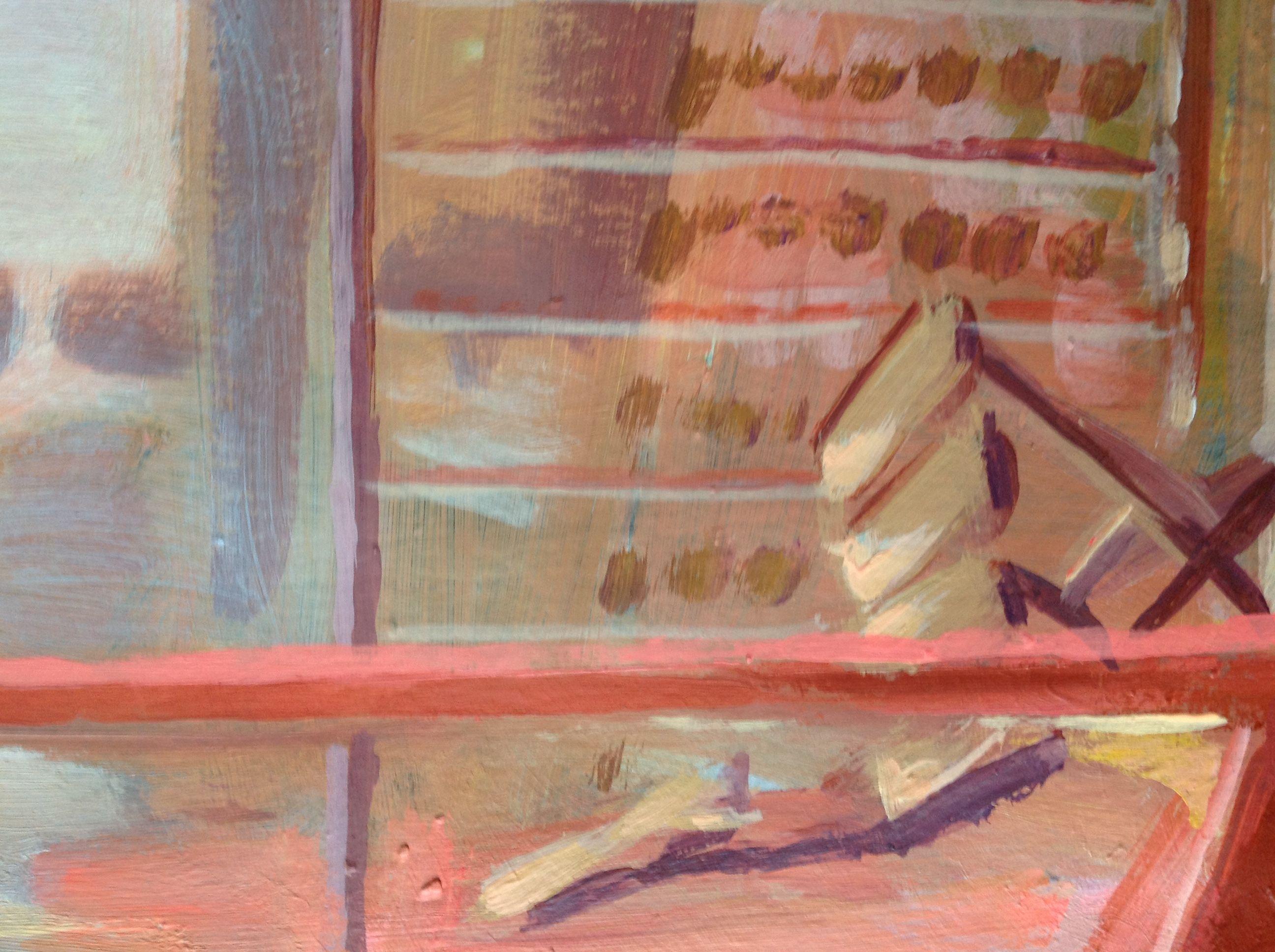 Obra acrílica sobre papel de calidad de archivo.  Pertenece a una serie en curso sobre ventanas. Ésta representa una tarde de verano en una ciudad. Hace calor hay una suave brisa y la luz es dorada :: Pintura :: Expresionismo :: Esta obra viene con