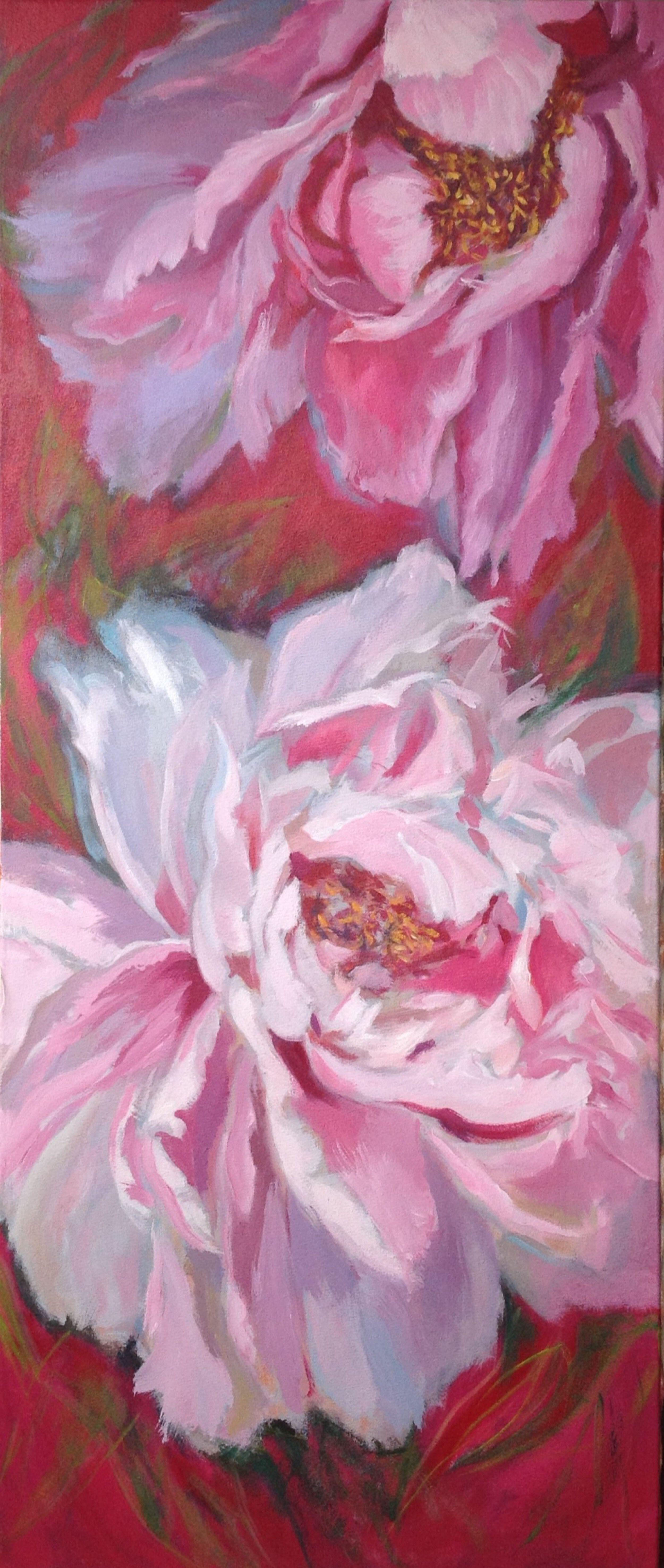 Acrylic on canvas. Belongs to a series I am making on flowers, trying with different kind of sizes of canvas and flowers. Two bloomed peonies. :: Painting :: Contemporary :: This piece comes with an official certificate of authenticity signed by the