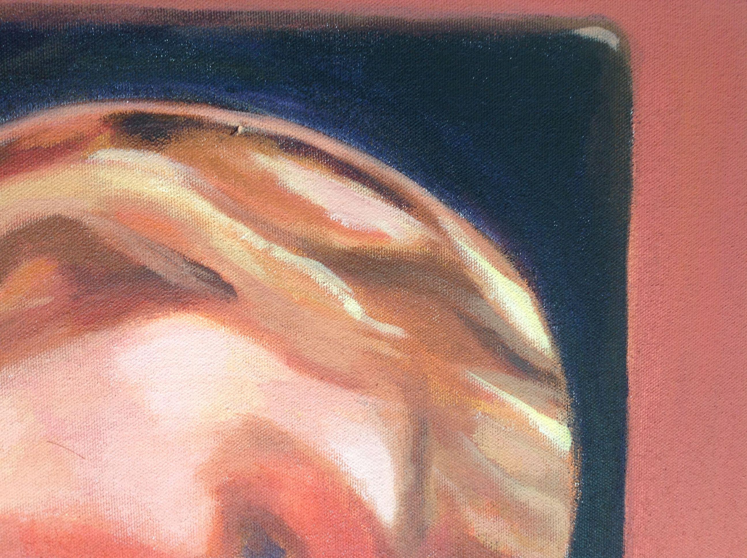 Diese Arbeit auf Leinwand mit Acrylfarben. Stellt das Porträt einer jungen Frau dar, die sich selbst im Spiegel betrachtet und gleichzeitig den Betrachter beobachtet. Dabei wird eine bestimmte Palette von warmen Farben verwendet, von Rot bis Gelb. 