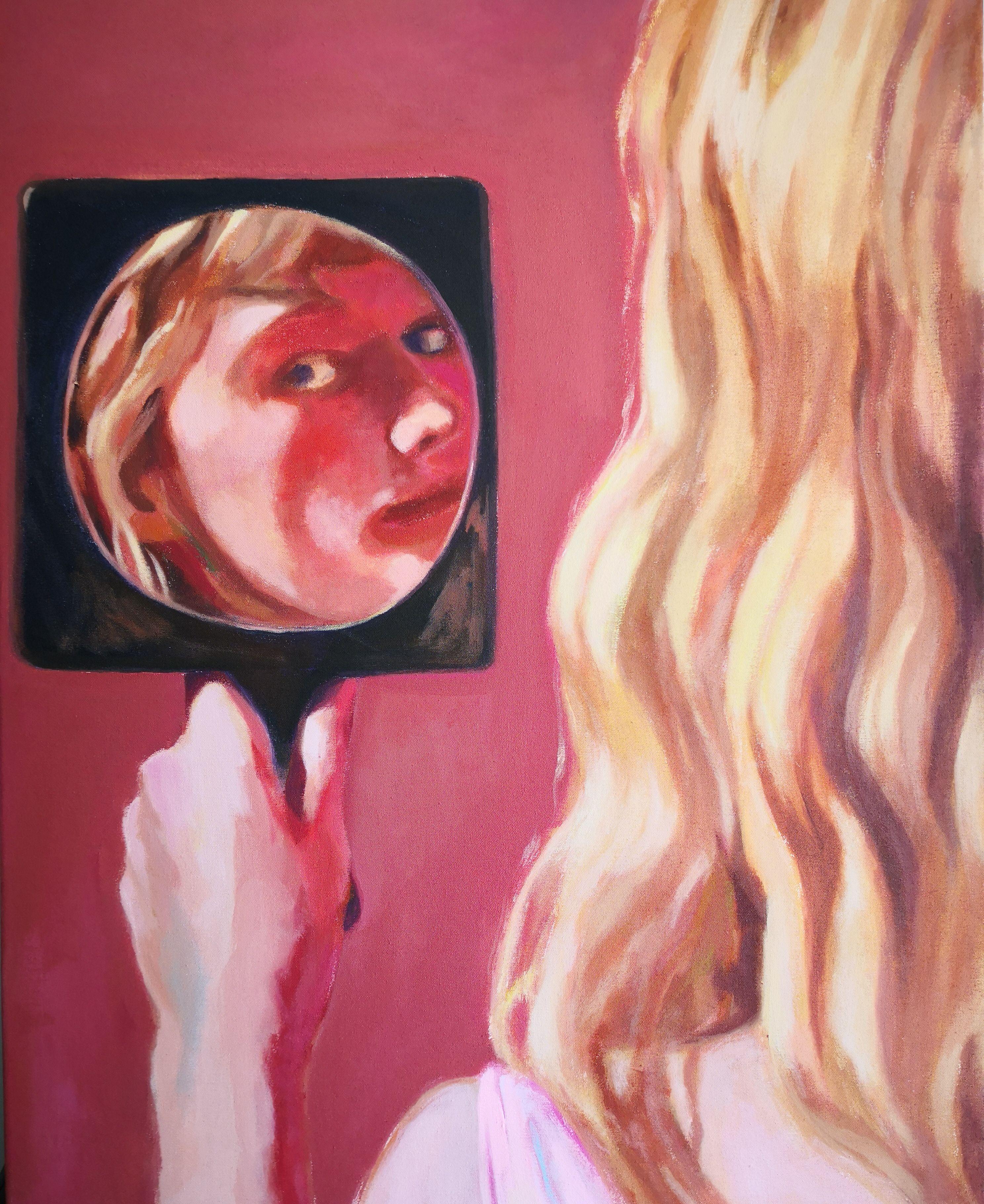 This work on canvas with acrylics. Represents the portrait of a young woman watching herself in the mirror and at the same time watching the viewer. Done using a certain range of warm colours , from reds to yellows.  :: Painting :: Expressionism ::