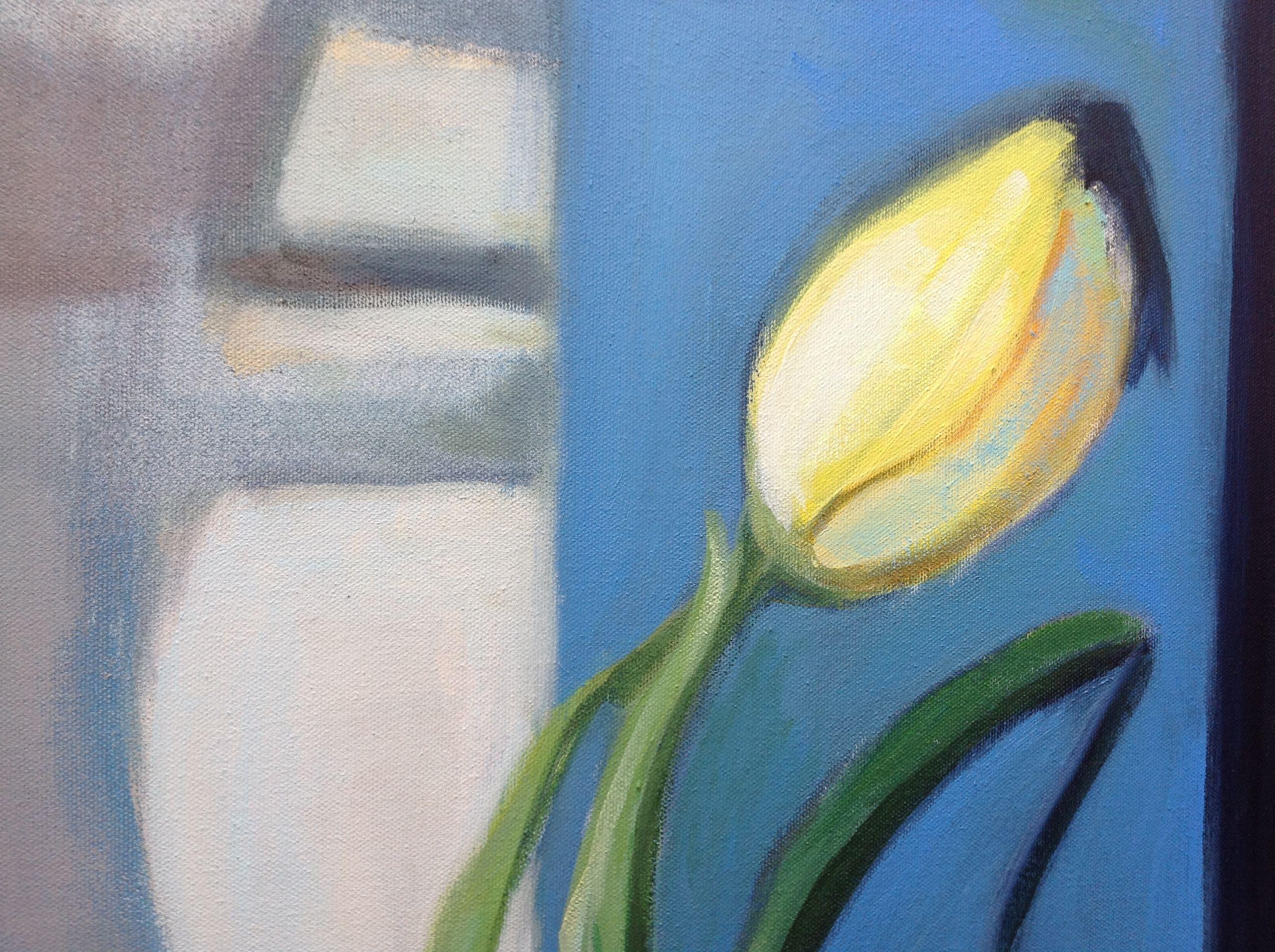 Blue Thistle and Yellow Tulip, Painting, Acrylic on Canvas For Sale 3