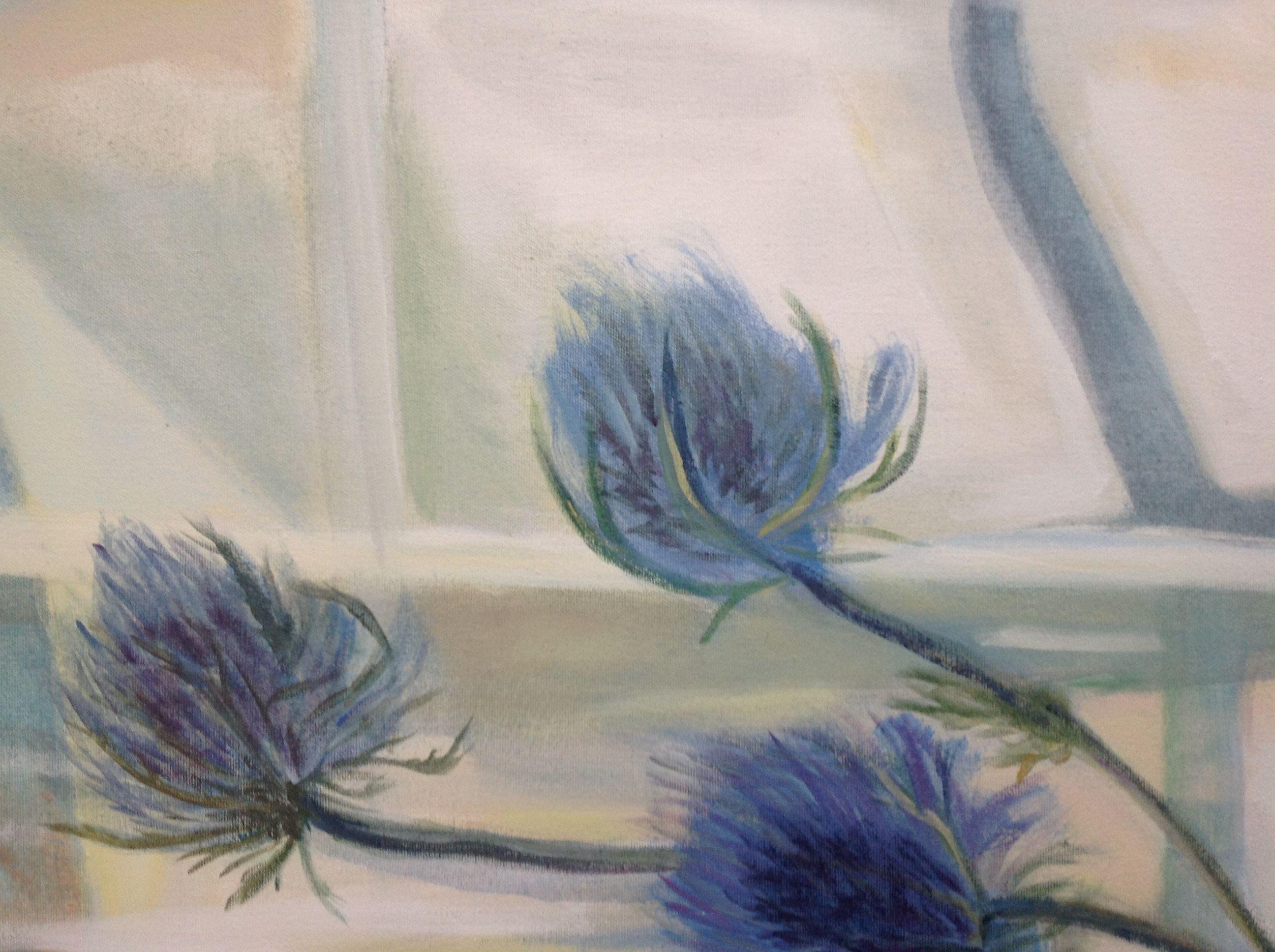 Blue Thistle and Yellow Tulip, Painting, Acrylic on Canvas For Sale 4