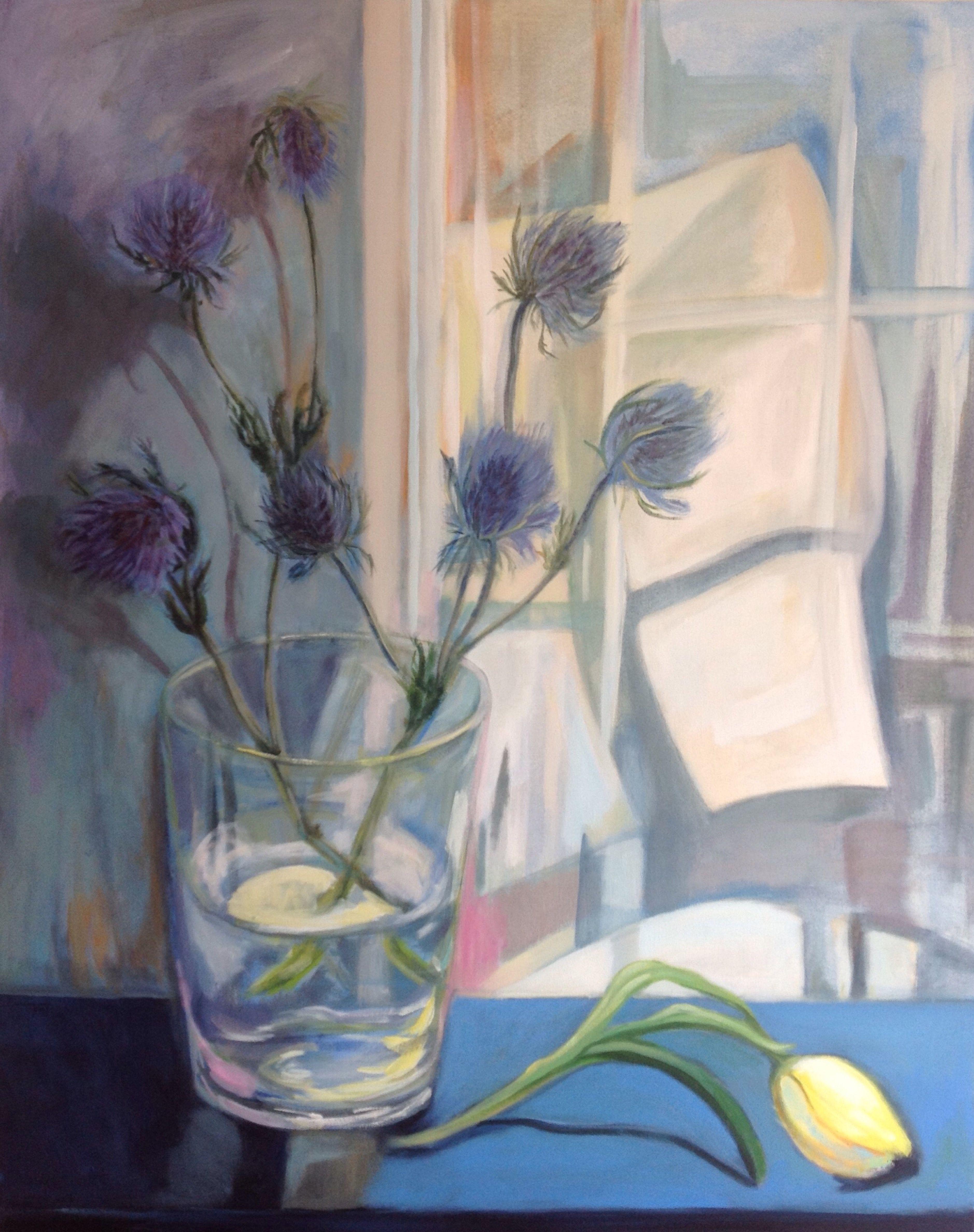 This is an acrylic work on unmounted canvas. the work would be sent rolled in a tube after being varnished.  A single tulip with a bunch of blue thistles in front of a window on a spring day. Trying to depict a feeling of calm. :: Painting ::