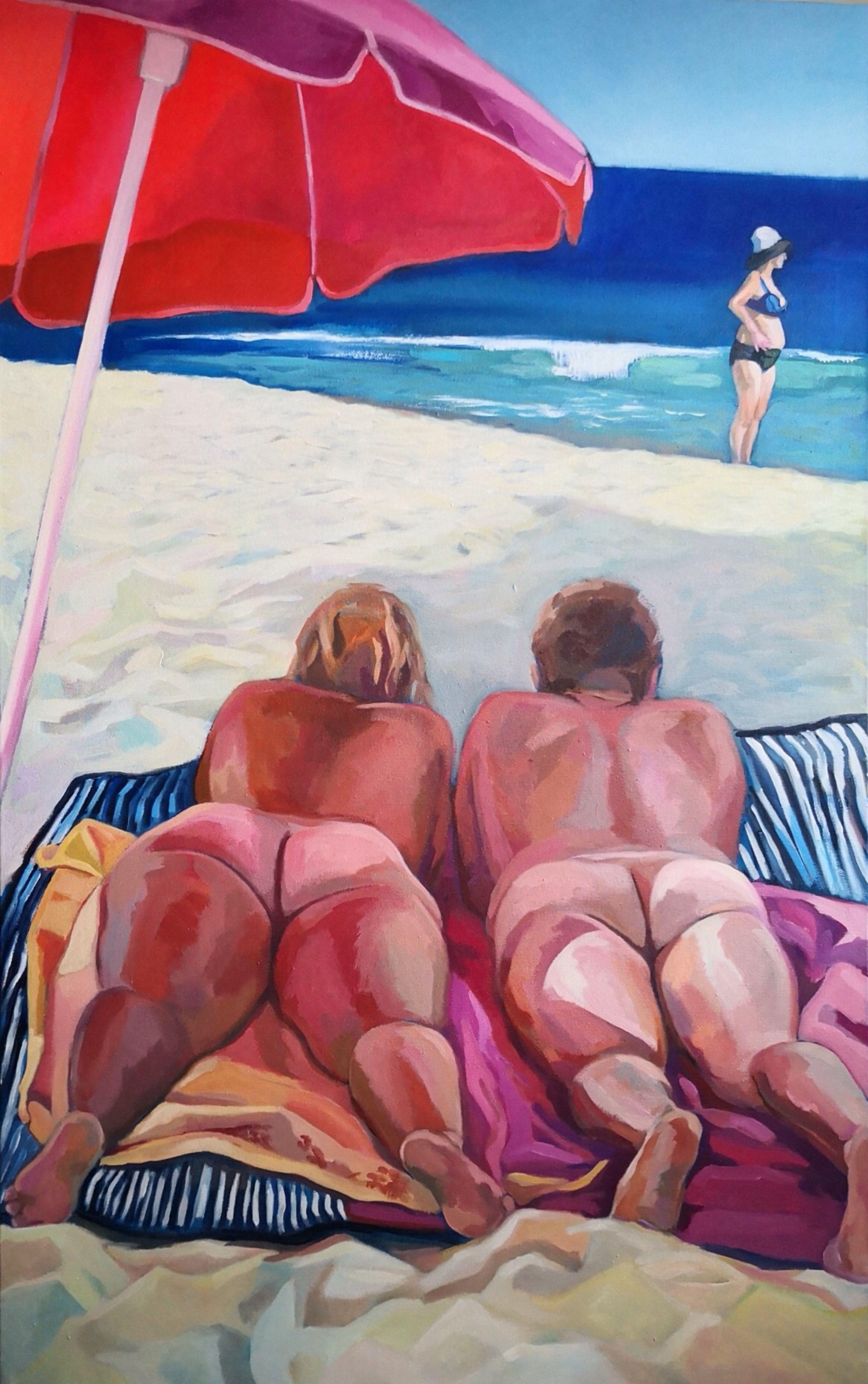 Acrylic on unmounted canvas. Belongs to a series of works on scenes at the beach. Always liked to study gestures and attitudes of people at the beach. :: Painting :: Expressionism :: This piece comes with an official certificate of authenticity