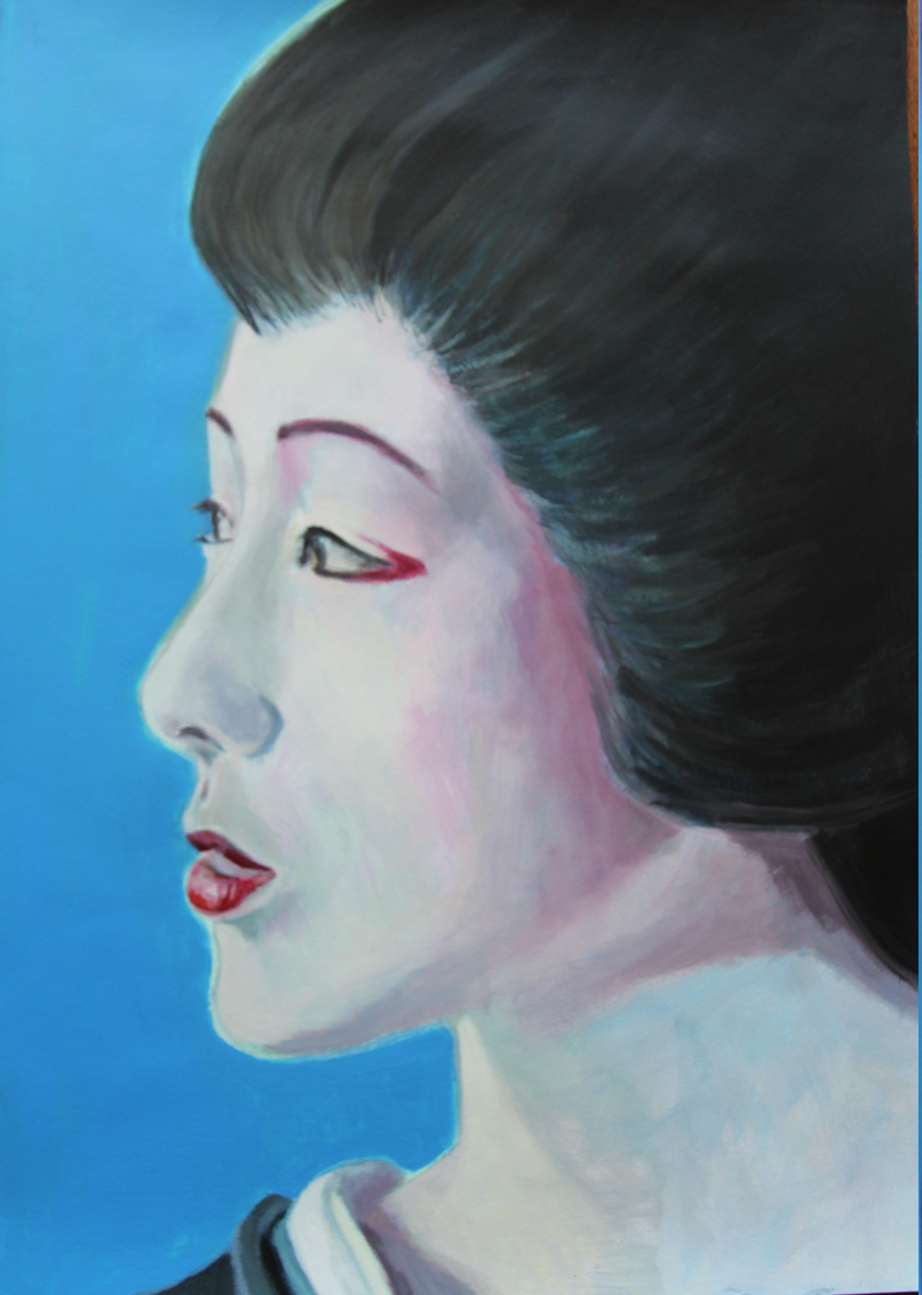 Acrylic work on archival quality paper. Represents a young Japanese woman looking far out as if searching for something, Expecting something or someone. :: Painting :: Expressionism :: This piece comes with an official certificate of authenticity
