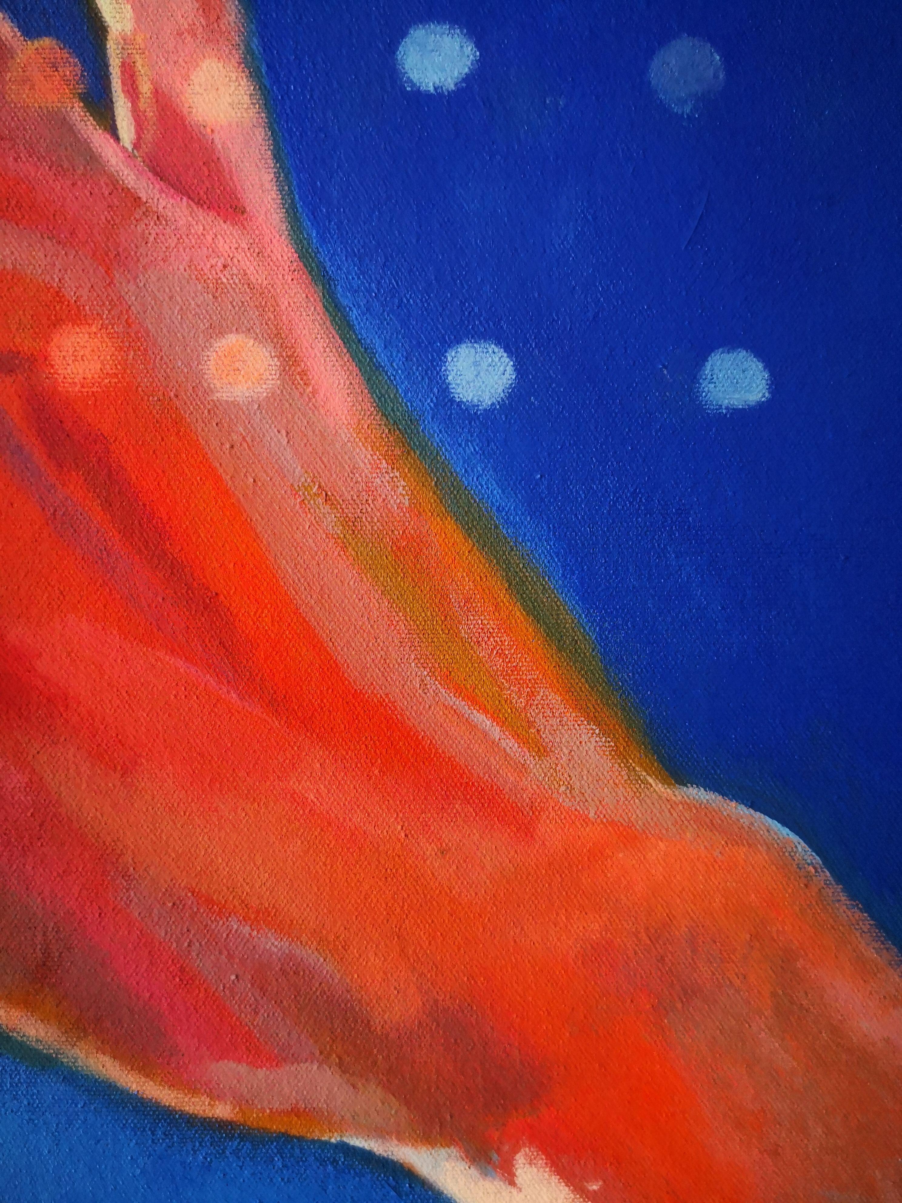 Acrílico sobre lienzo montado.  Protegiéndome la cara del sol en un caluroso día de verano en la playa y pensando en ir a nadar.  La obra se barnizaría antes de ser enviada :: Pintura :: Expresionismo :: Esta obra viene con un certificado oficial de