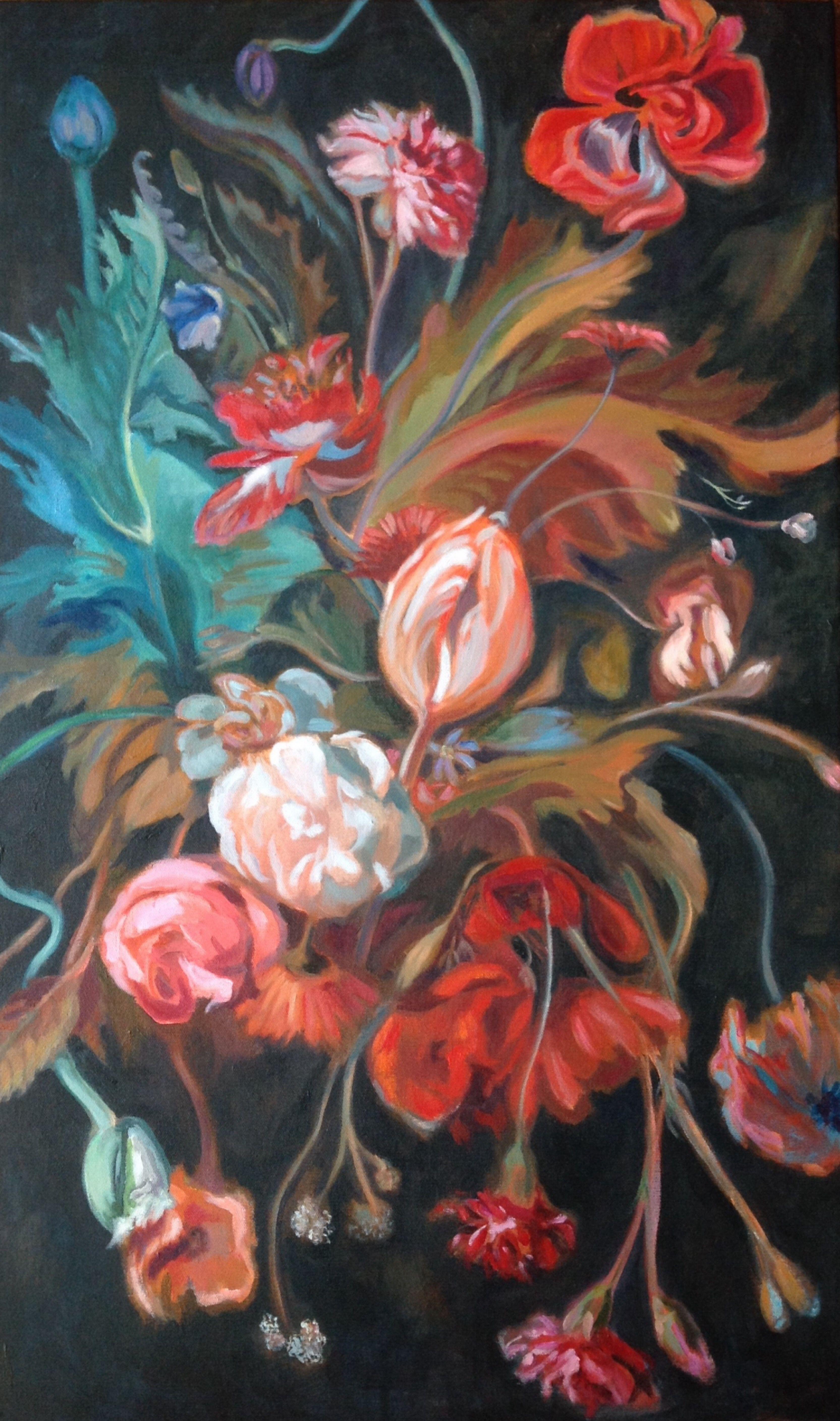 Acrylic on unmounted canvas. She admires old dutch masters paintings of flowers and decided to do a bouquet of flowers "Ã  la maniÃ¨re" of these. She had great fun working on this piece, many of the flowers are invented or imagined. :: Painting ::