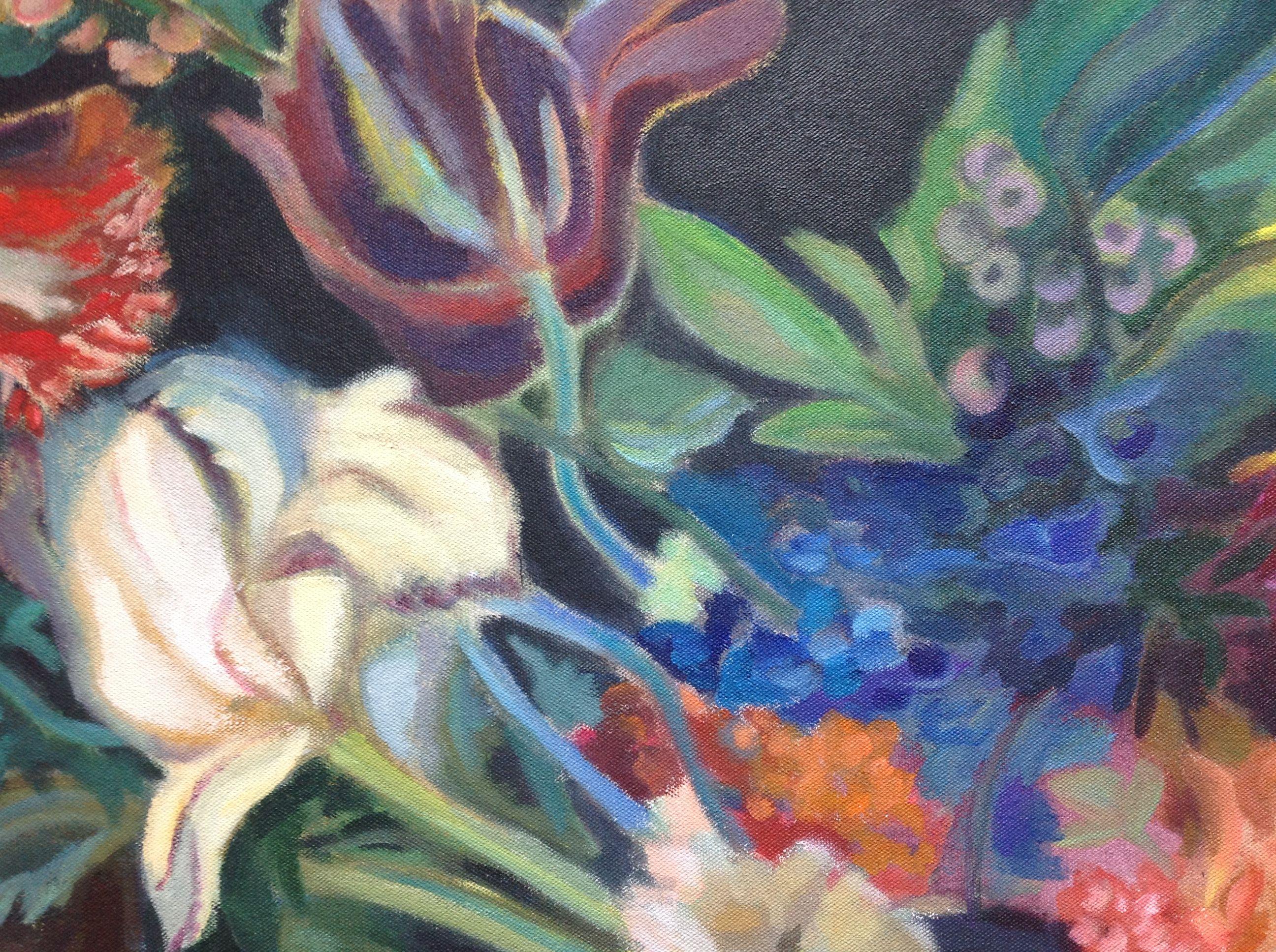 Fiori su nero, Pittura, Acrilico su tela - Painting Contemporaneo di Anyck Alvarez Kerloch