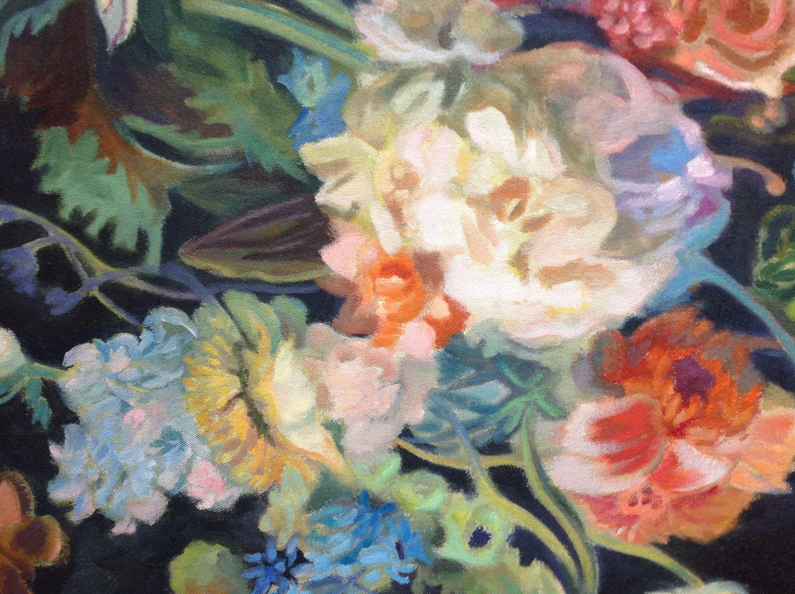 crilico su tela non montata. Lei ammira i dipinti di fiori dei vecchi maestri olandesi e ha deciso di realizzare un bouquet di fiori 