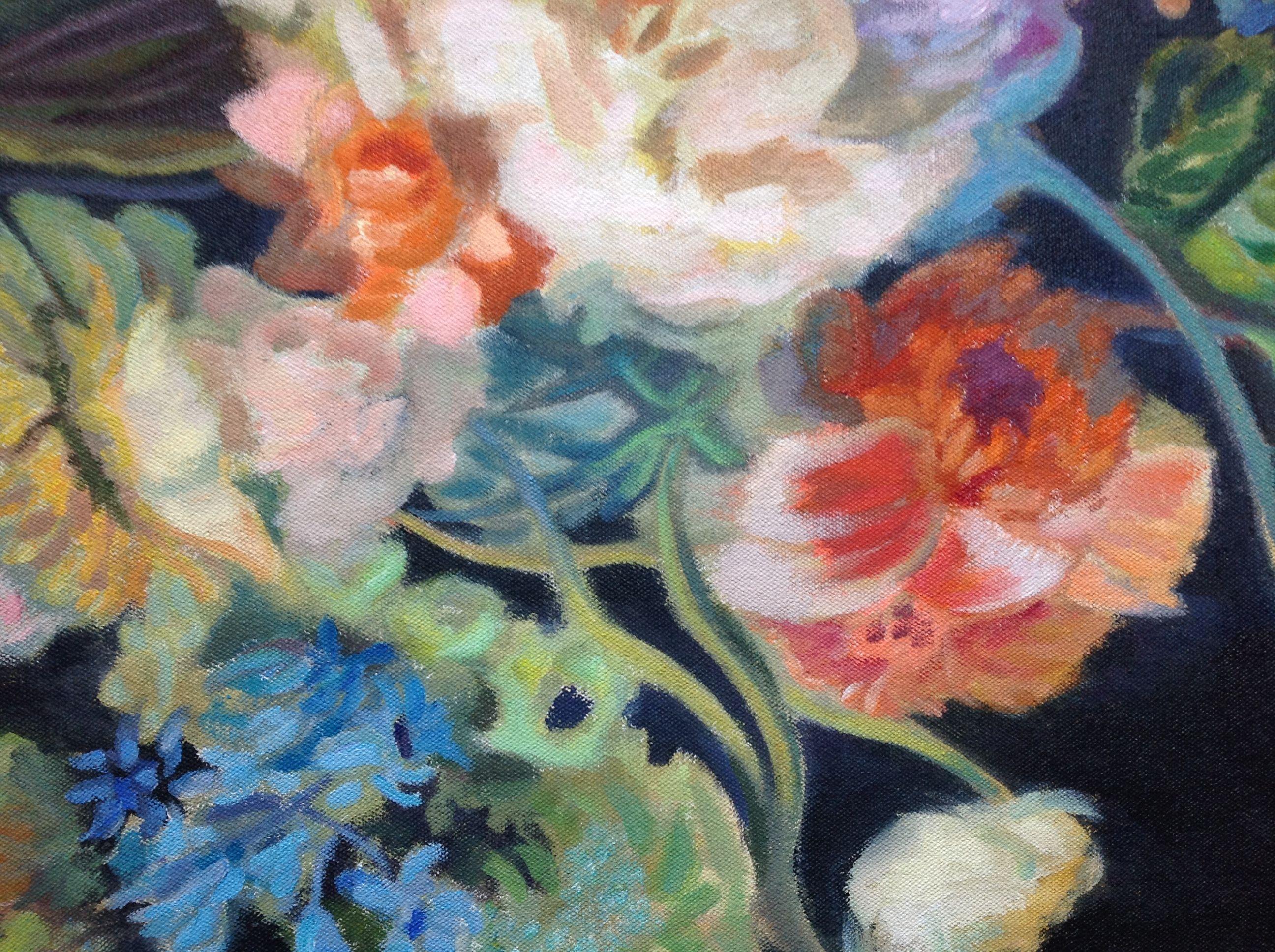 Fiori su nero, Pittura, Acrilico su tela in vendita 1