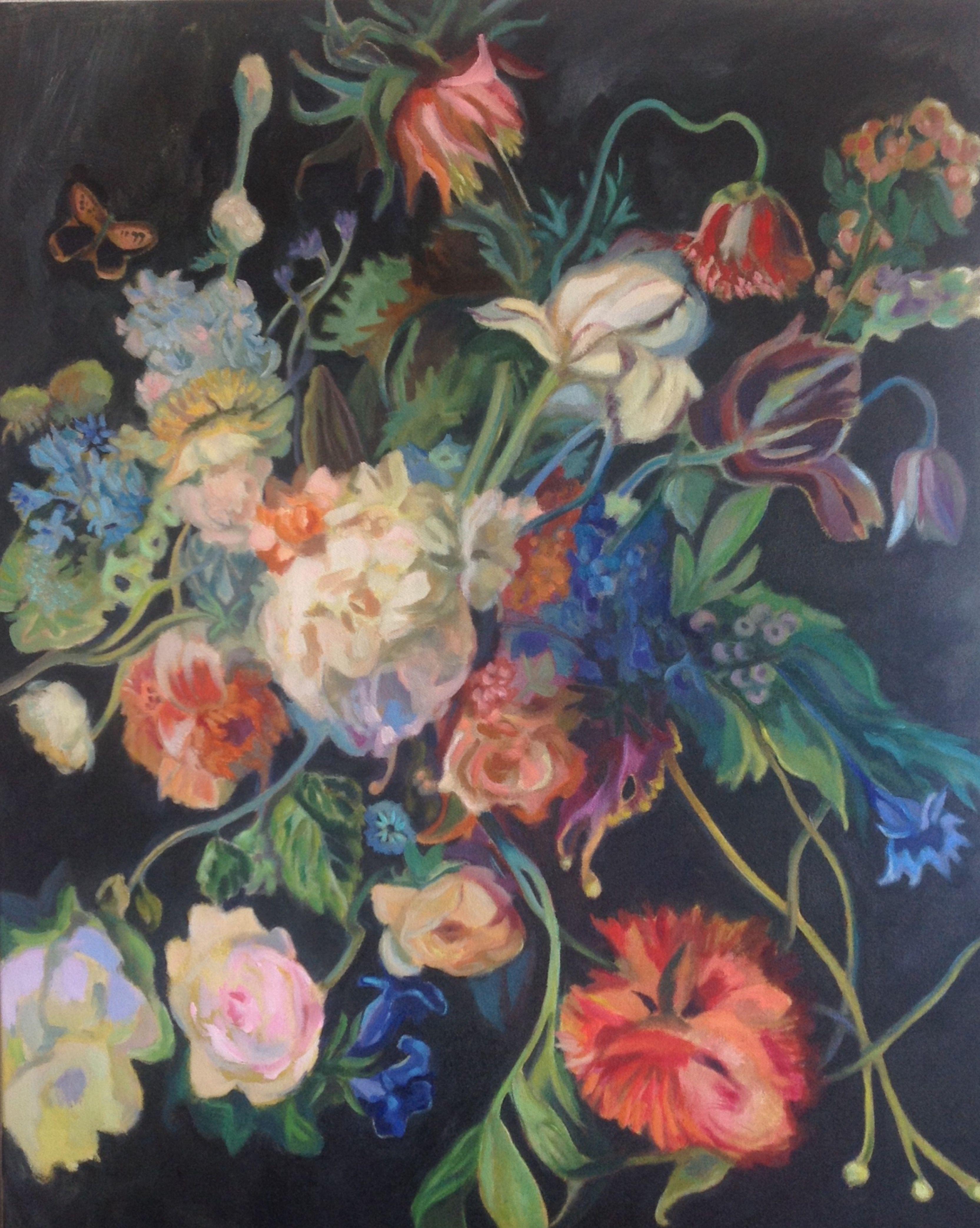 Fiori su nero, Pittura, Acrilico su tela - Painting di Anyck Alvarez Kerloch